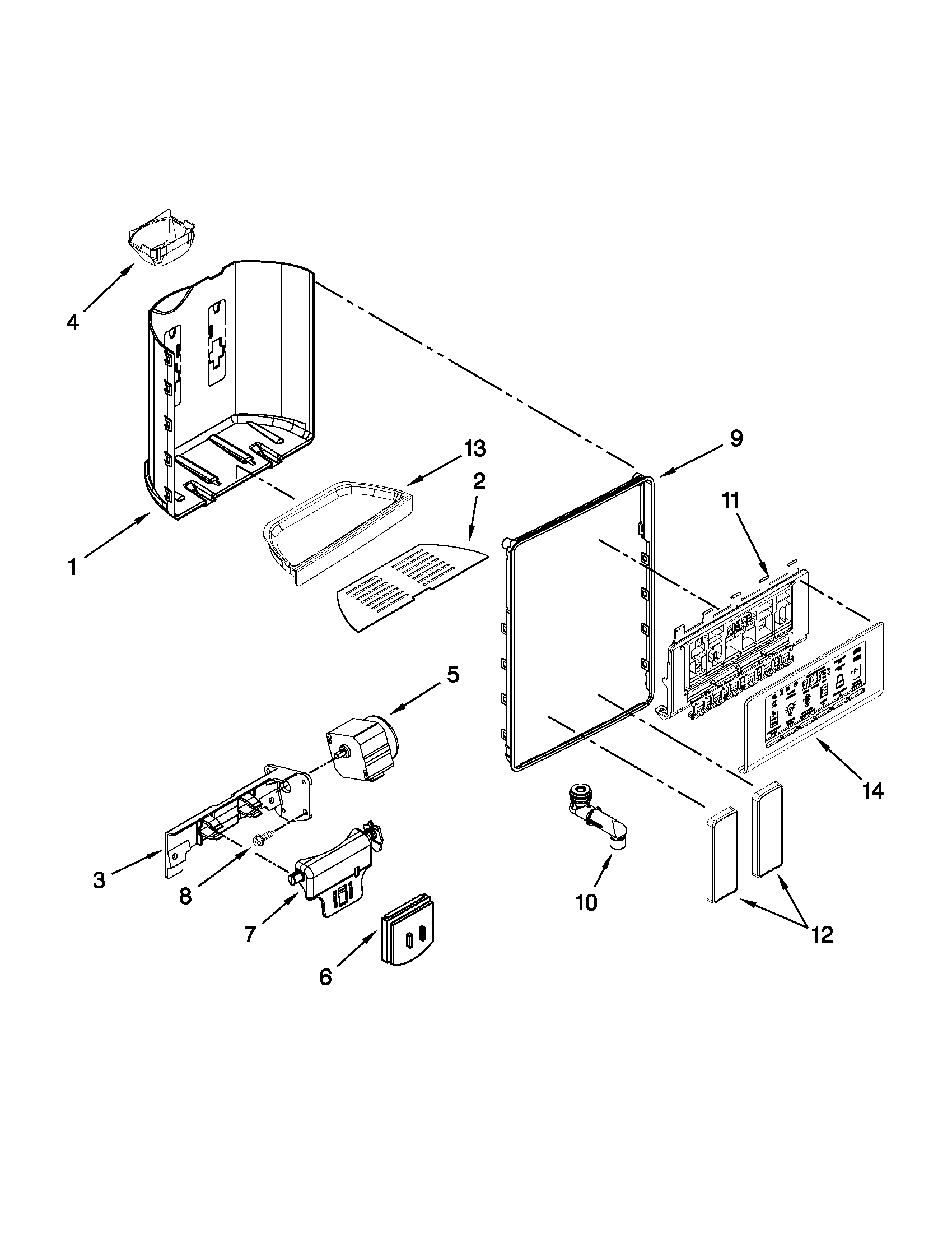 Whirlpool WSF26D2EXB01 dispenser front parts diagram