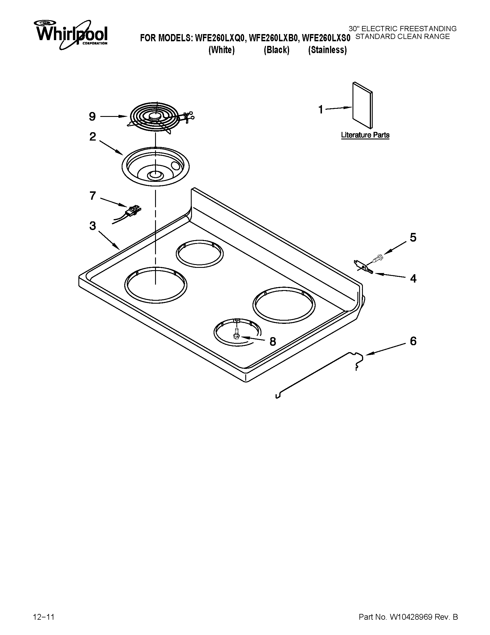 Whirlpool WFE260LXS0 cooktop parts diagram
