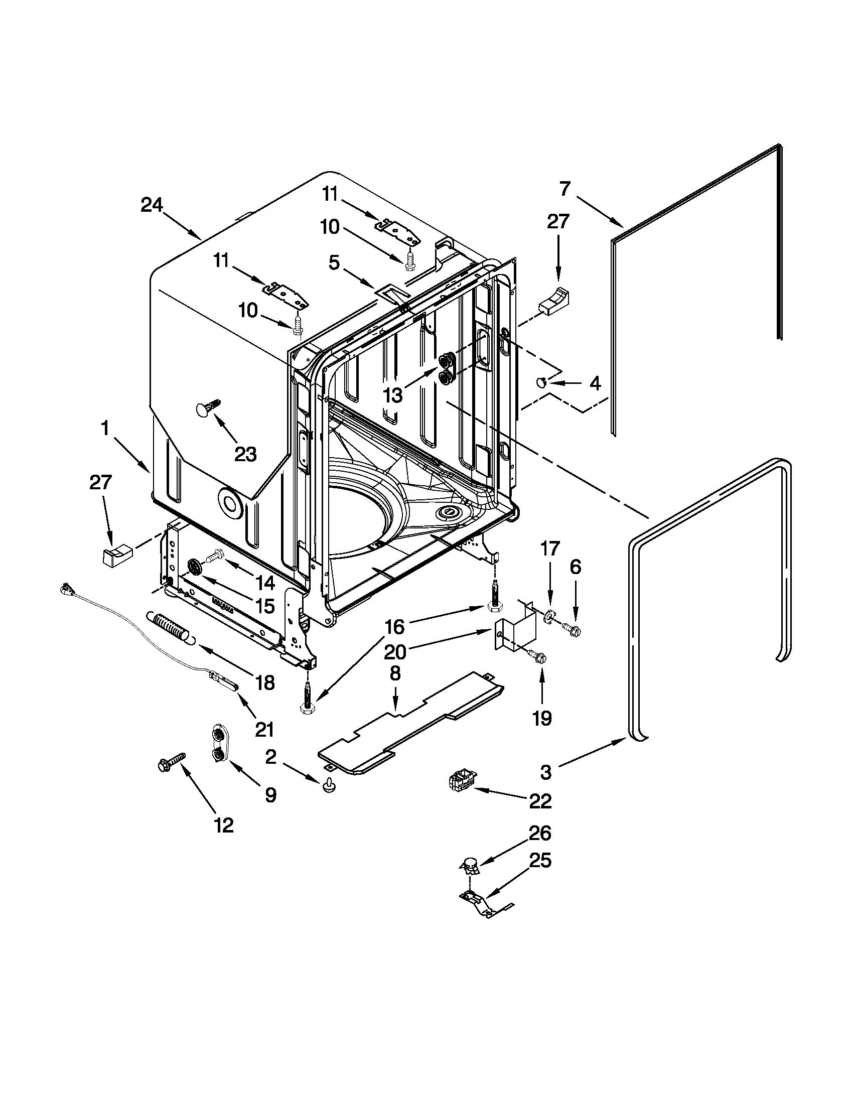 KitchenAid KUDC10IXWH6 tub and frame parts diagram