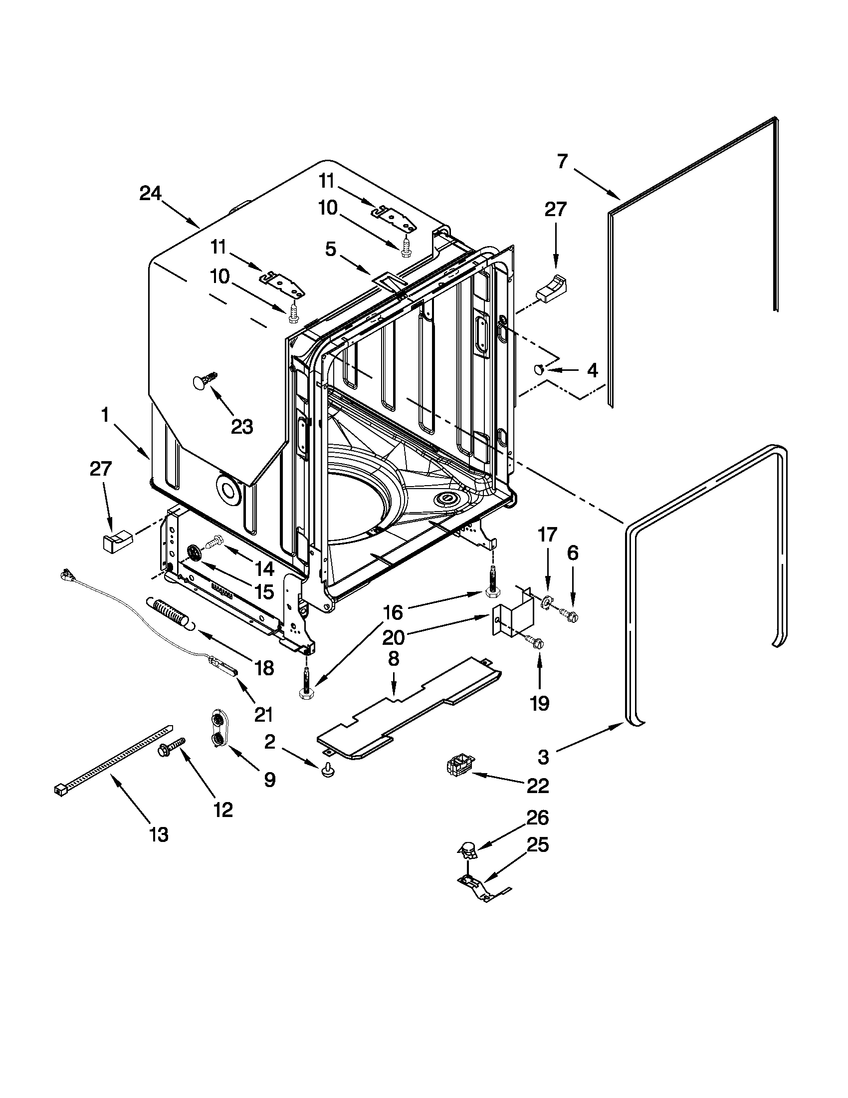 KitchenAid KUDE60FXSS4 tub and frame parts diagram