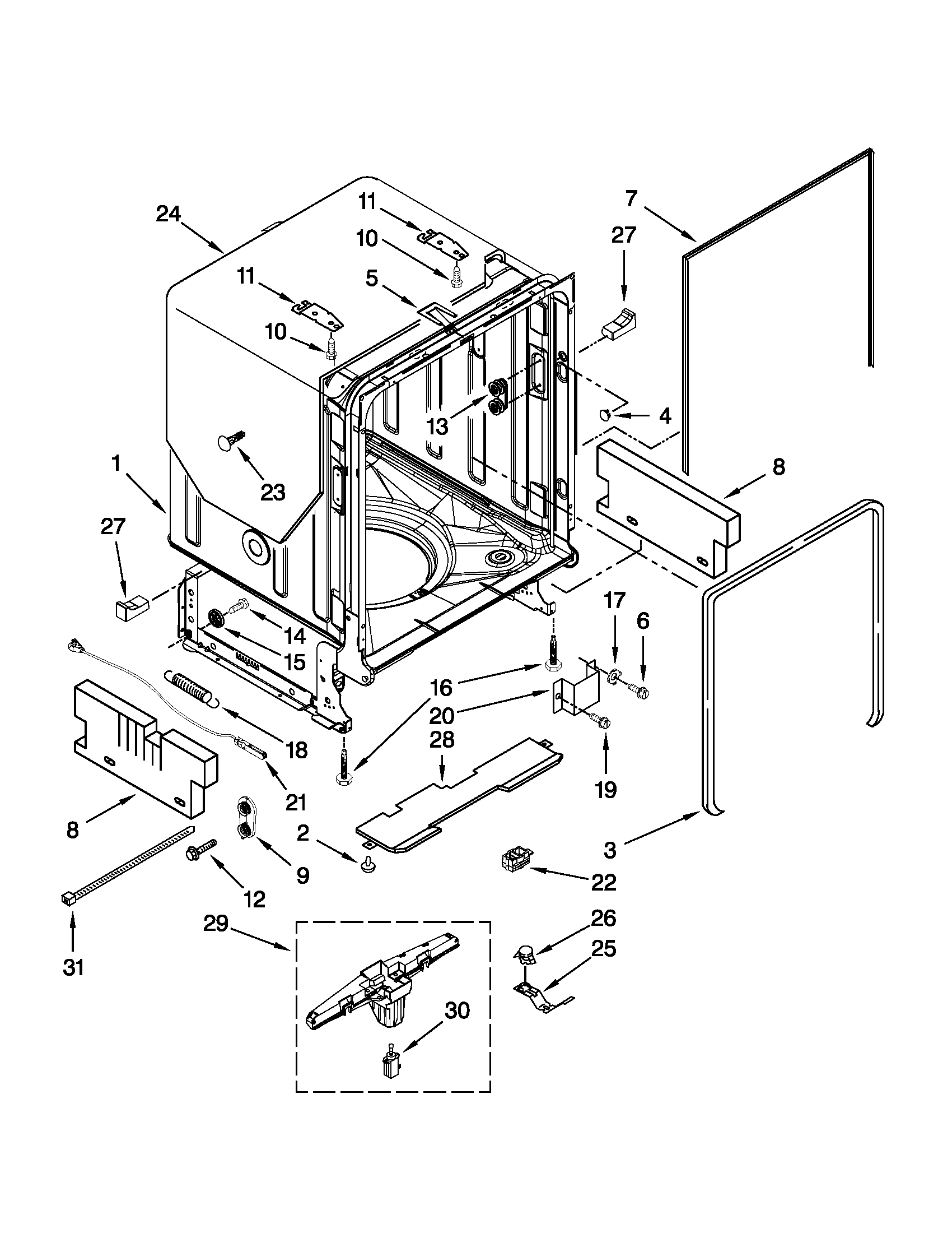 KitchenAid KUDS30CXWH6 tub and frame parts diagram