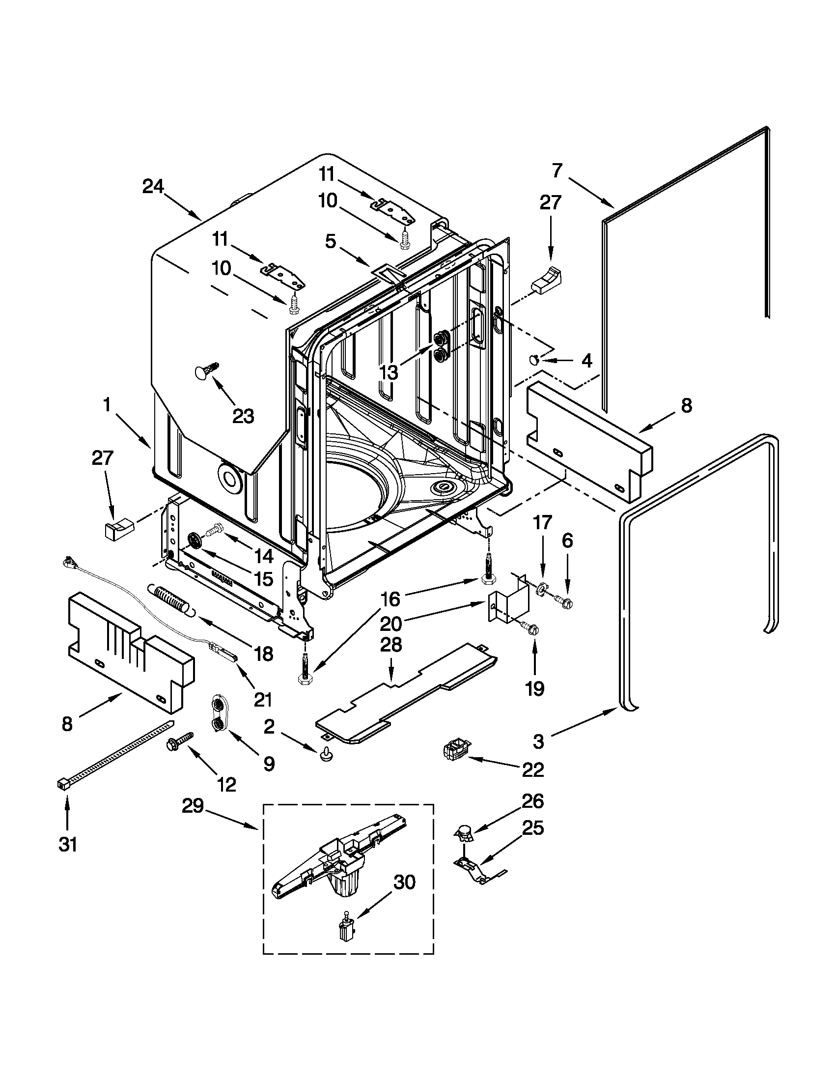 KitchenAid KUDS30IXSS6 tub and frame parts diagram