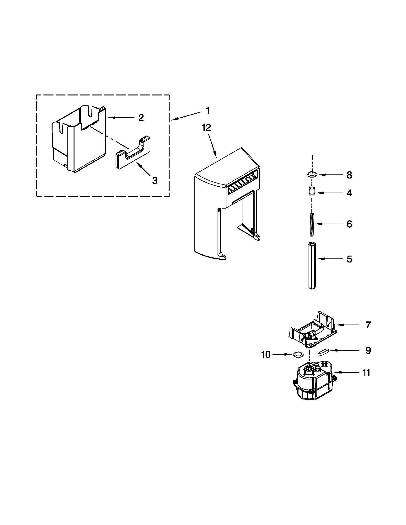 Whirlpool GSC25C4EYW02 motor and ice container parts diagram