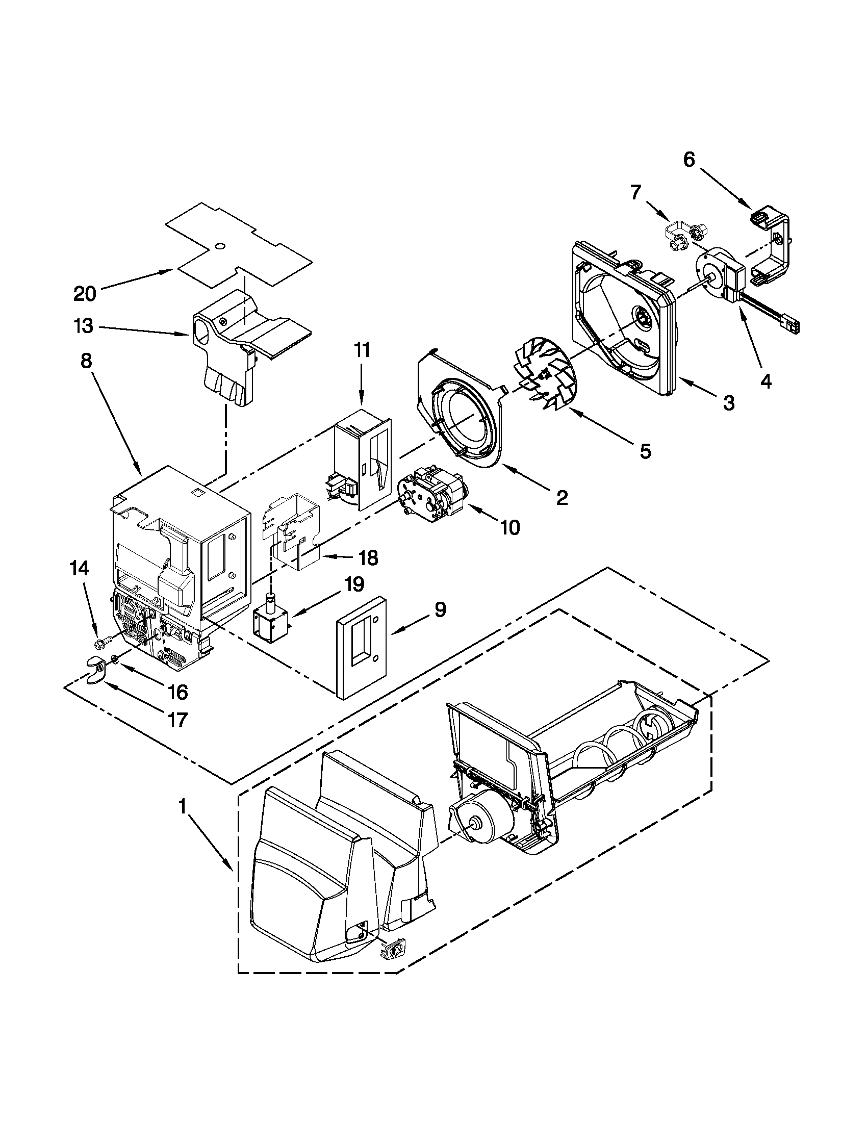 Maytag MFI2670XEB6 motor and ice container parts diagram