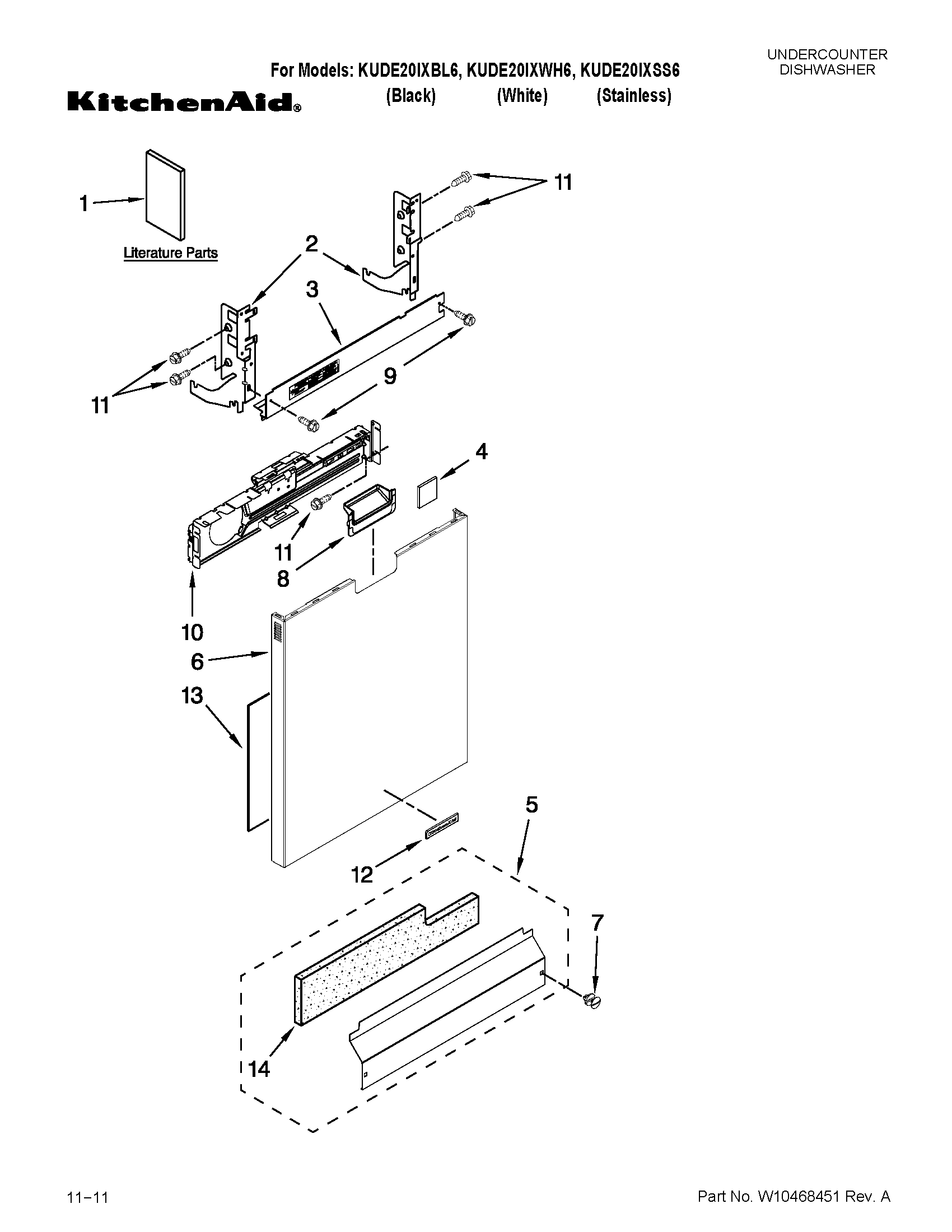 KitchenAid KUDE20IXSS6 door and panel parts diagram