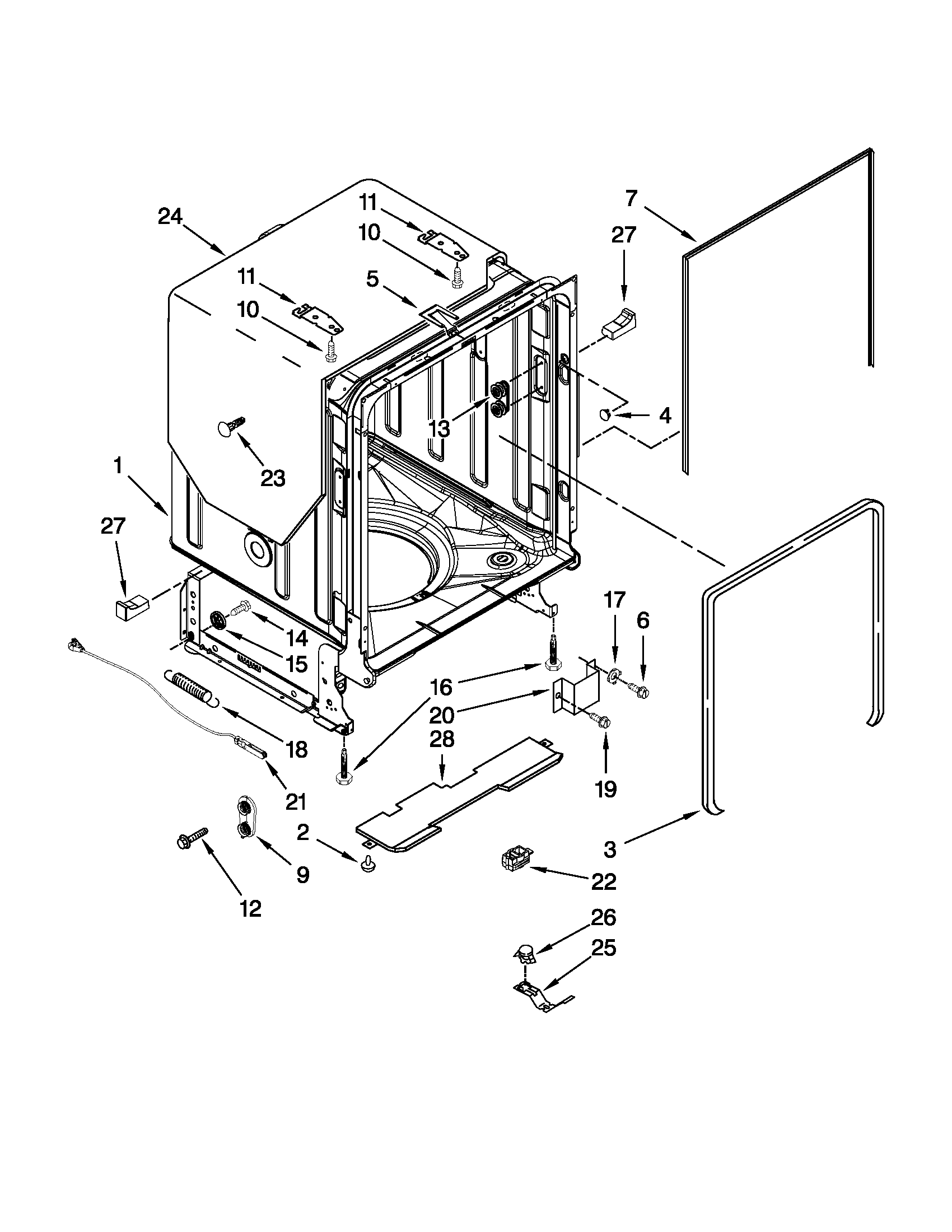 KitchenAid KUDE20IXSS6 tub and frame parts diagram