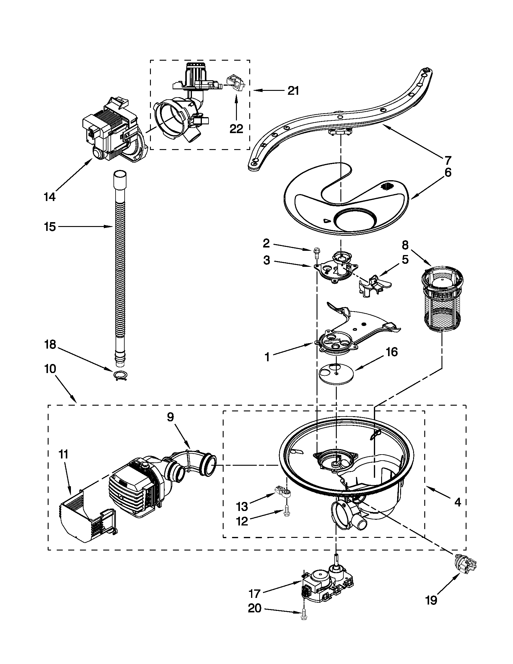 KitchenAid KUDE20IXSS6 pump, washarm and motor parts diagram