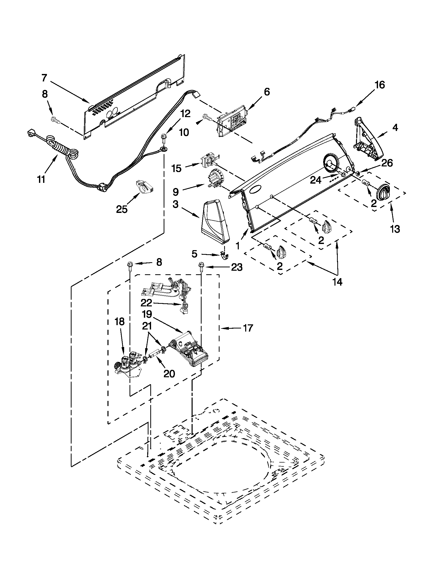 Whirlpool 7MWTW1501AW0 controls and water inlet parts diagram