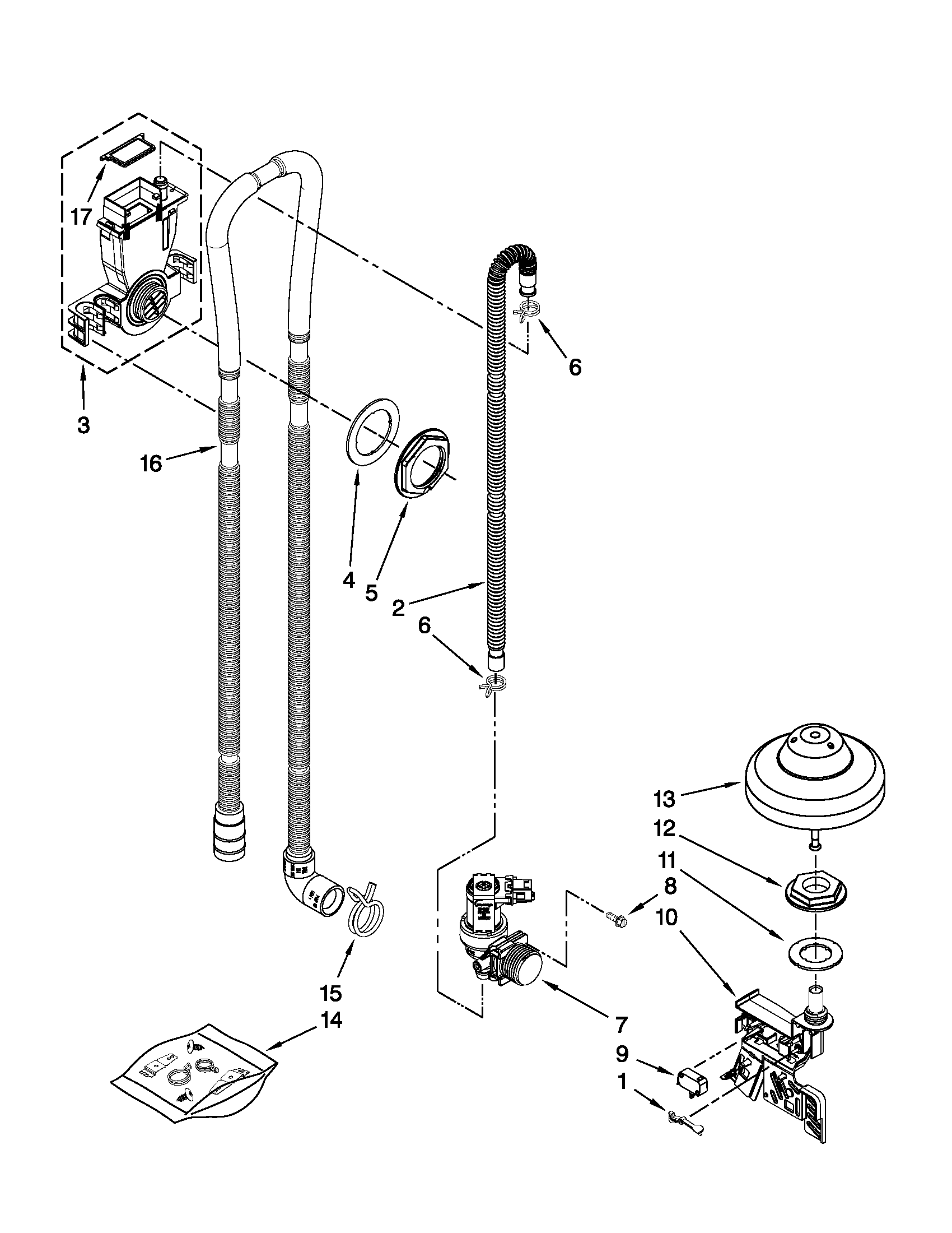 KitchenAid KUDS30FXBL5 fill, drain and overfill parts diagram