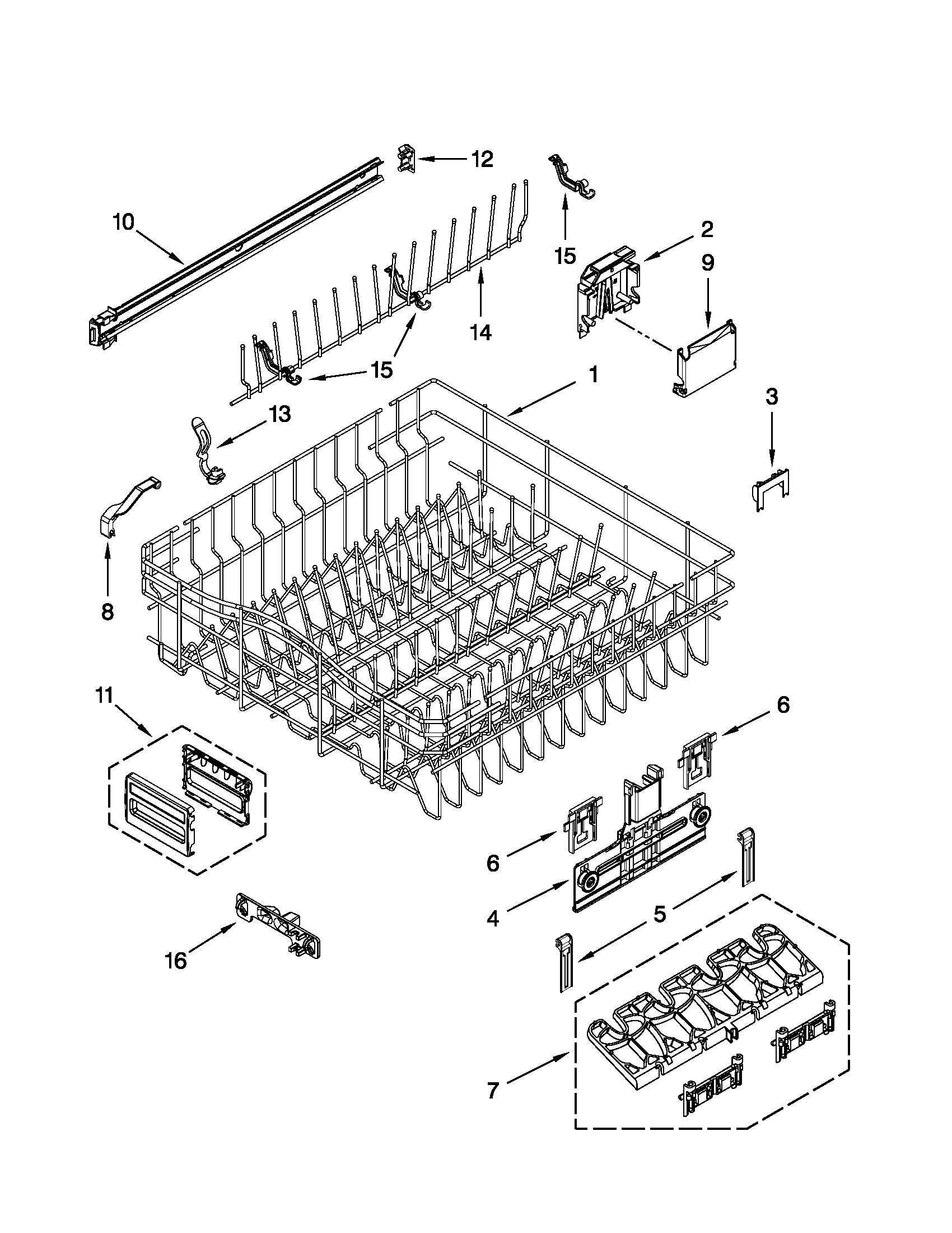 KitchenAid KUDS30FXBL5 upper rack and track parts diagram