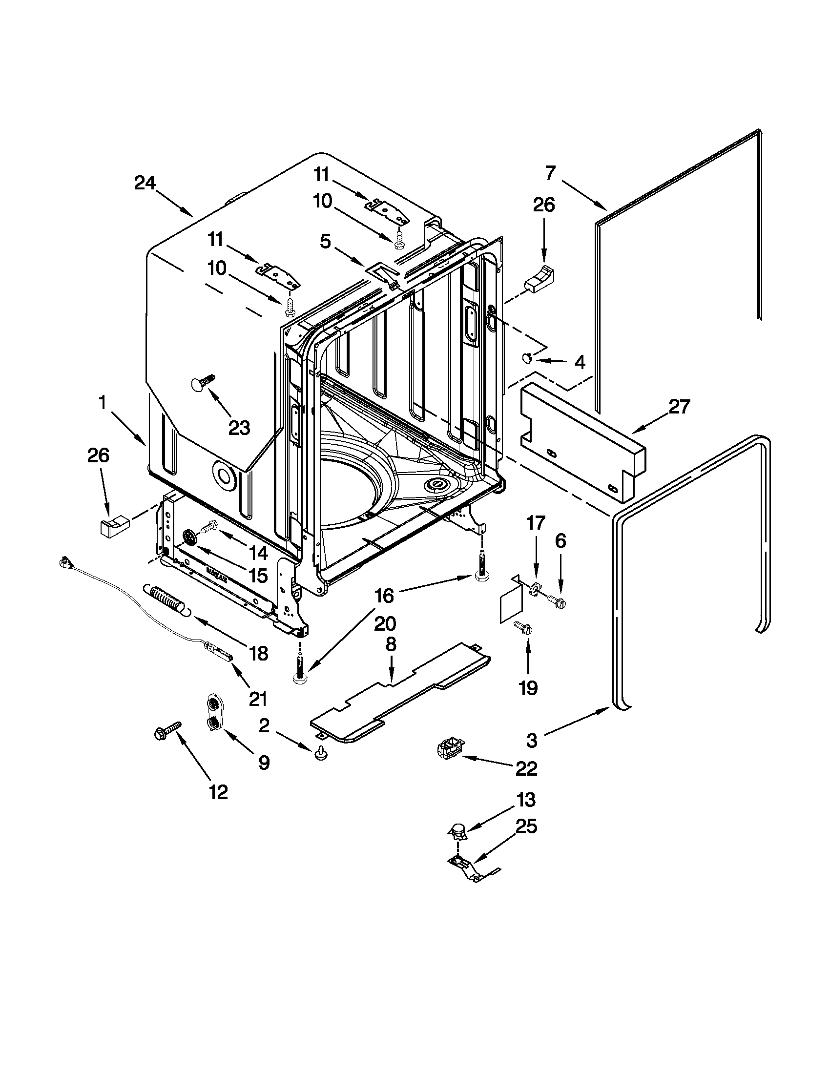 Jenn-Air JDB8700AWP0 tub and frame parts diagram