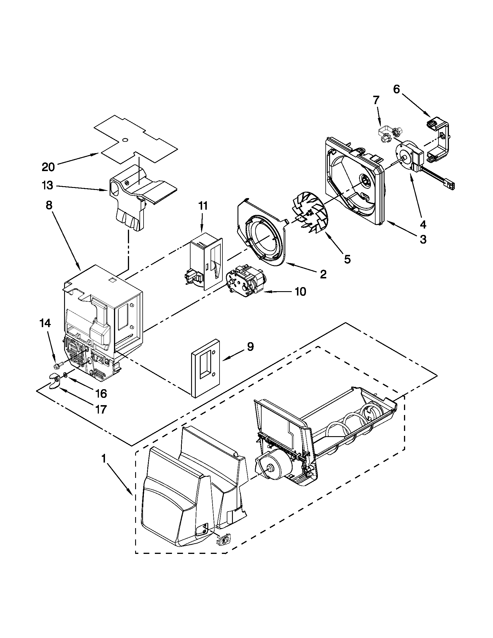 Maytag MFI2269VEB6 motor and ice container parts diagram