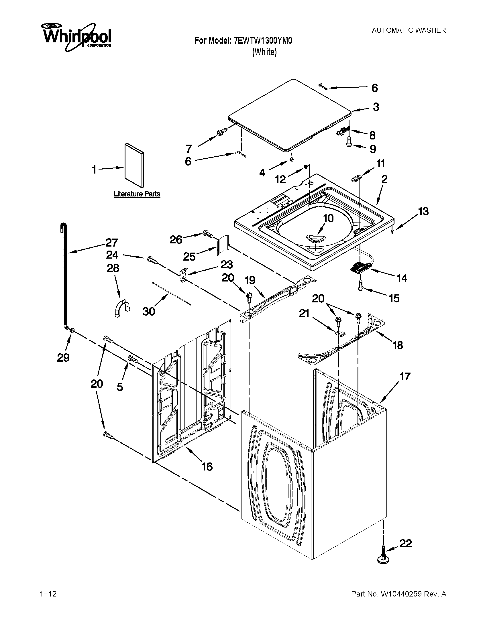 Whirlpool 7EWTW1300YM0 top and cabinet parts diagram
