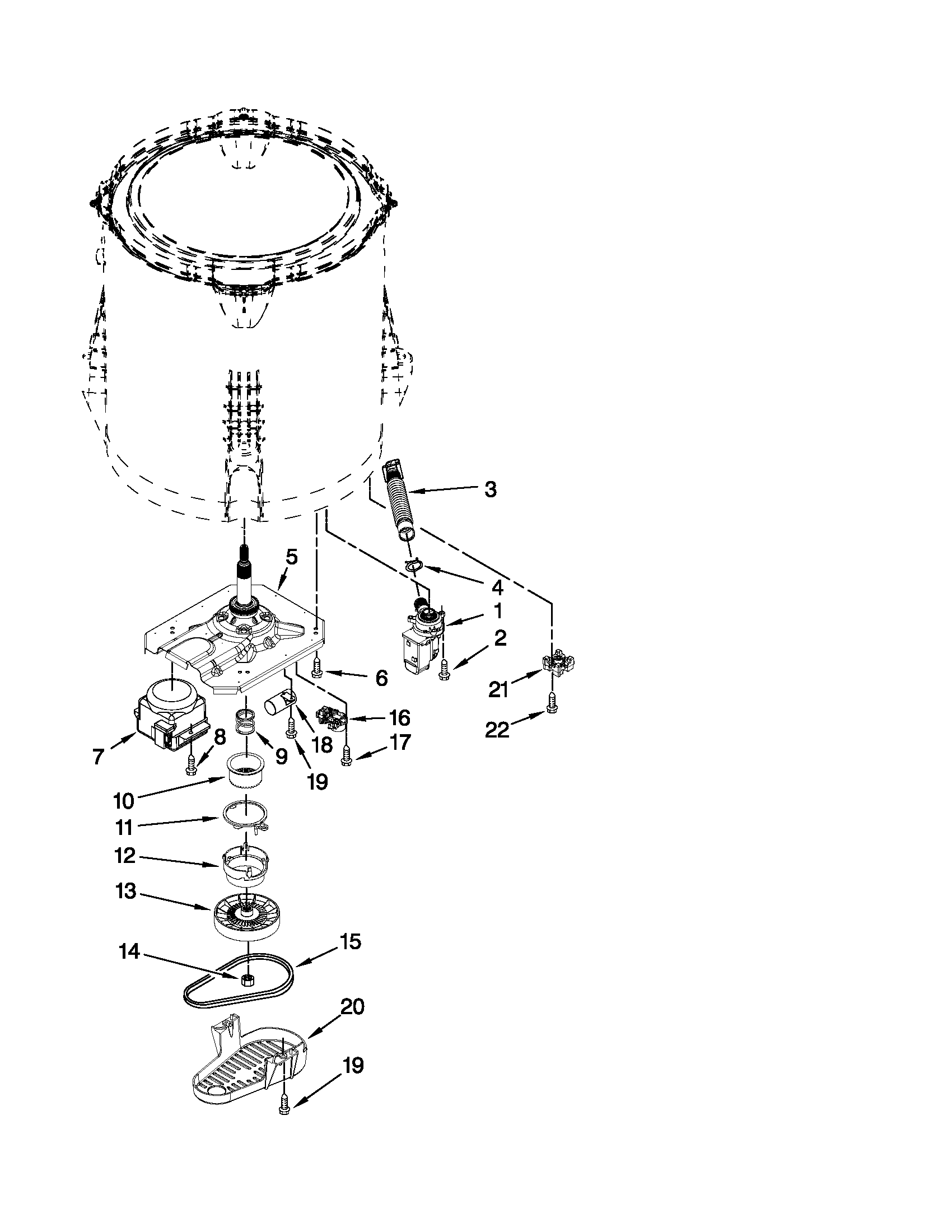 Whirlpool 7EWTW1300YM0 gearcase, motor and pump parts diagram