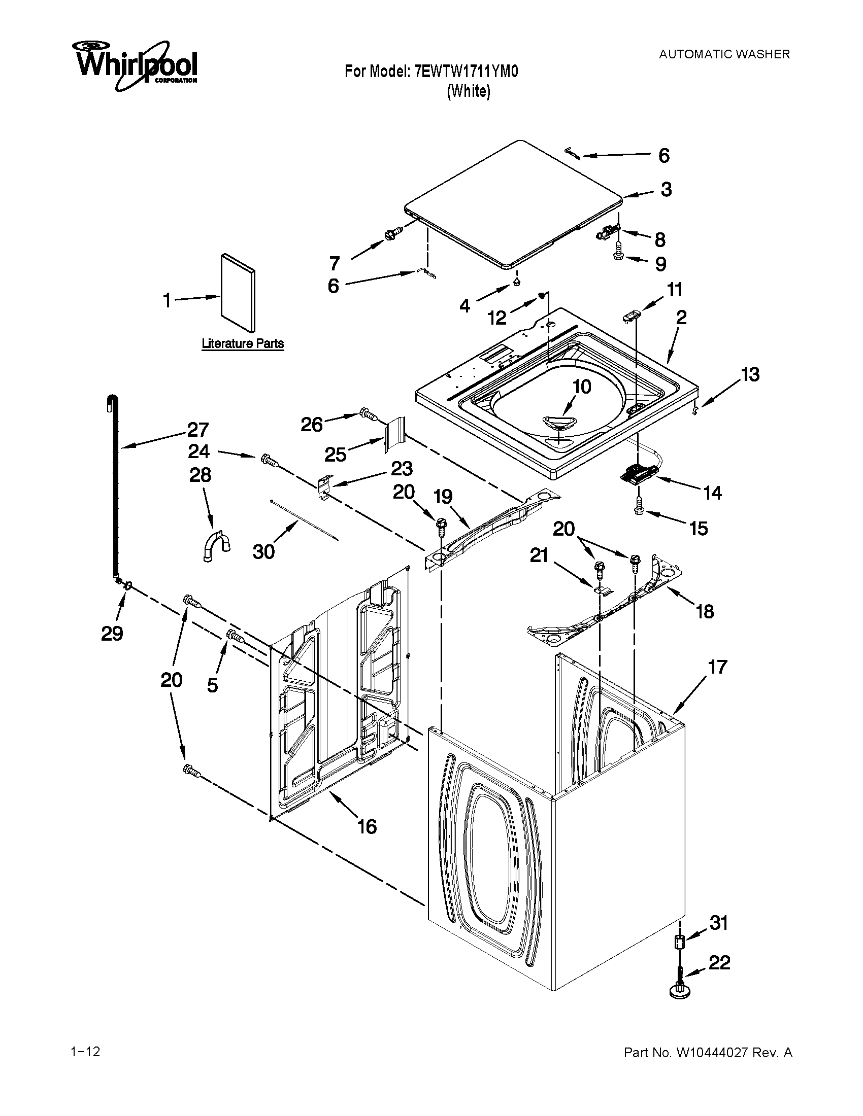 Whirlpool 7EWTW1711YM0 top and cabinet parts diagram