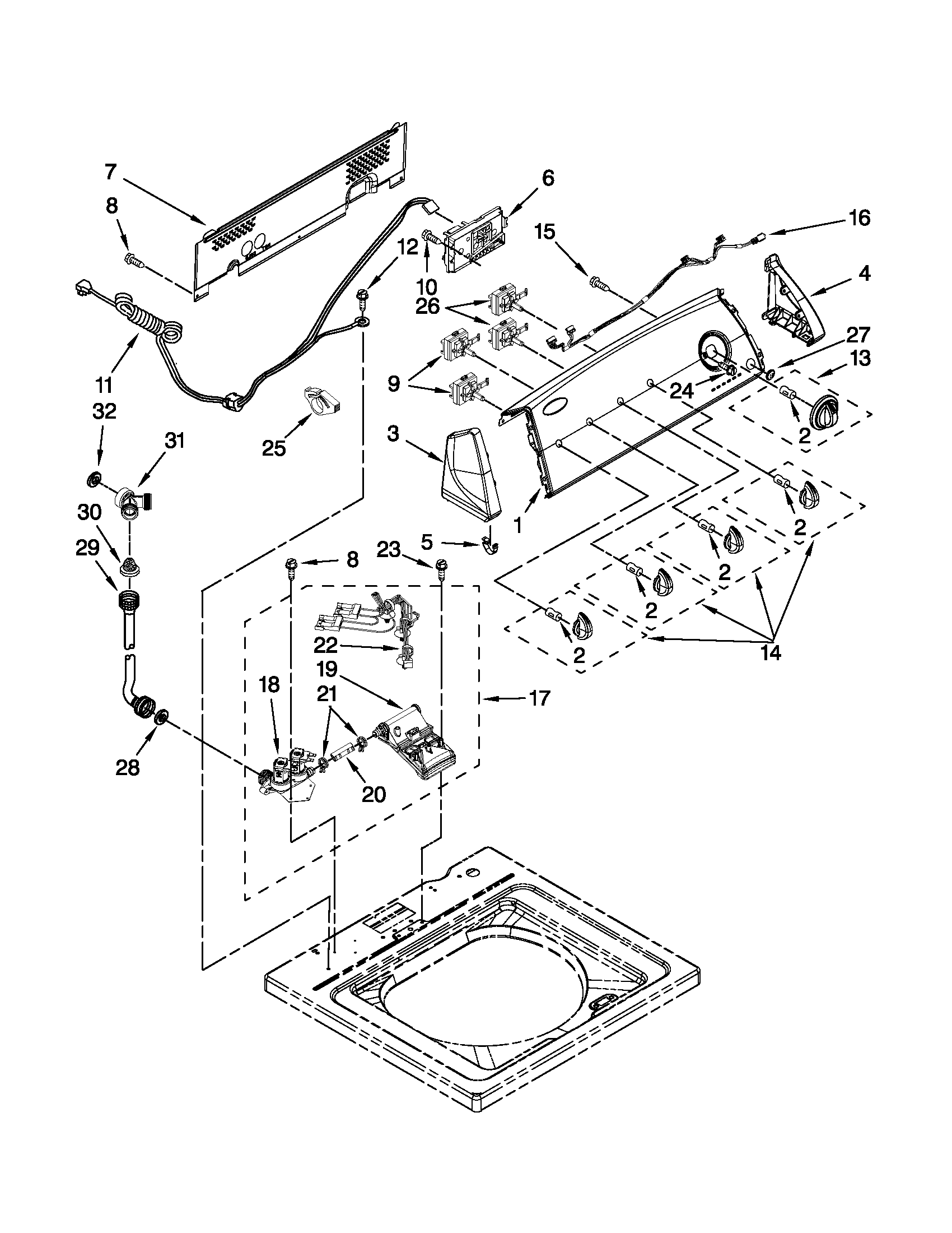 Whirlpool 7EWTW1711YM0 controls and water inlet parts diagram