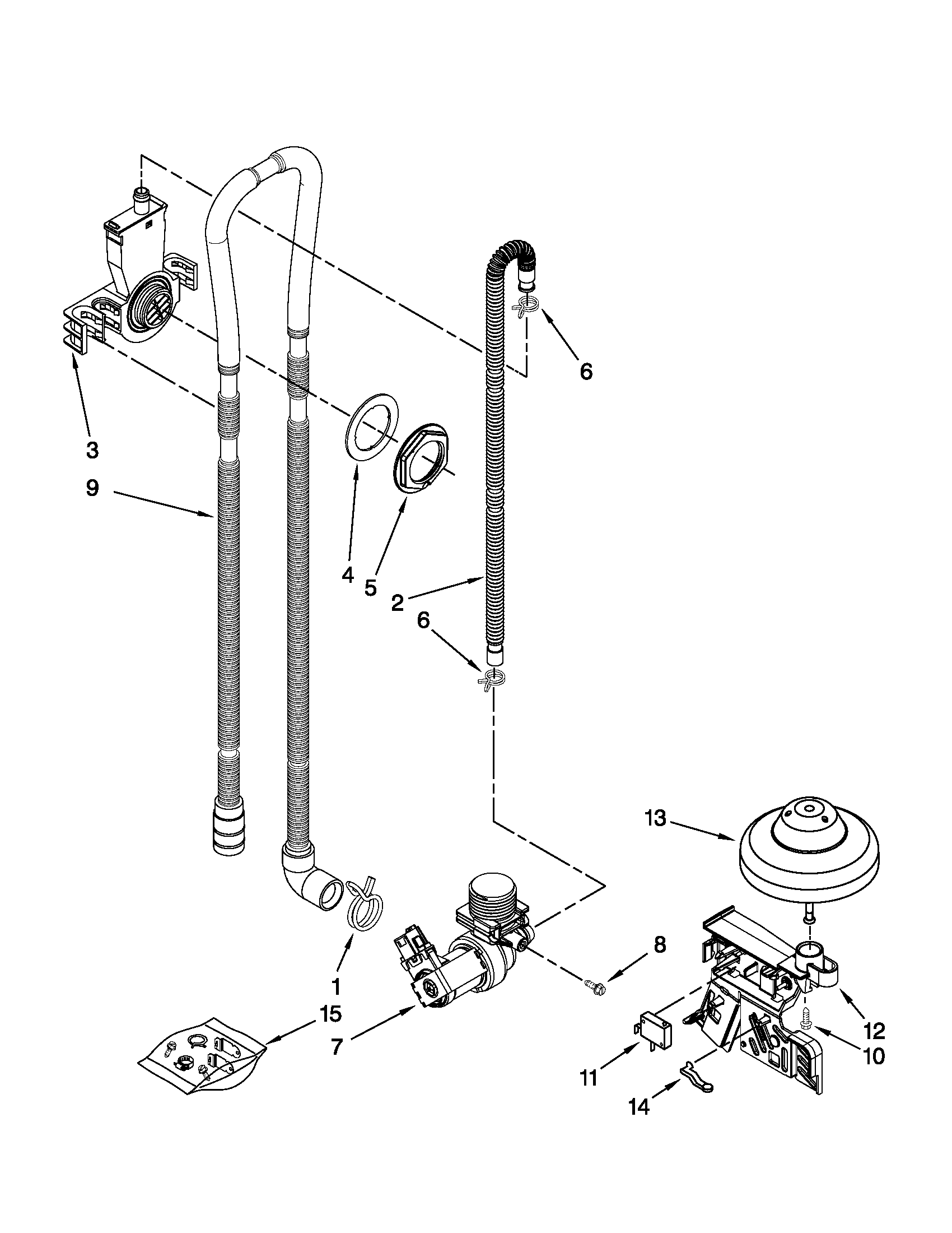 Whirlpool WDF530PAYM2 fill, drain and overfill parts diagram