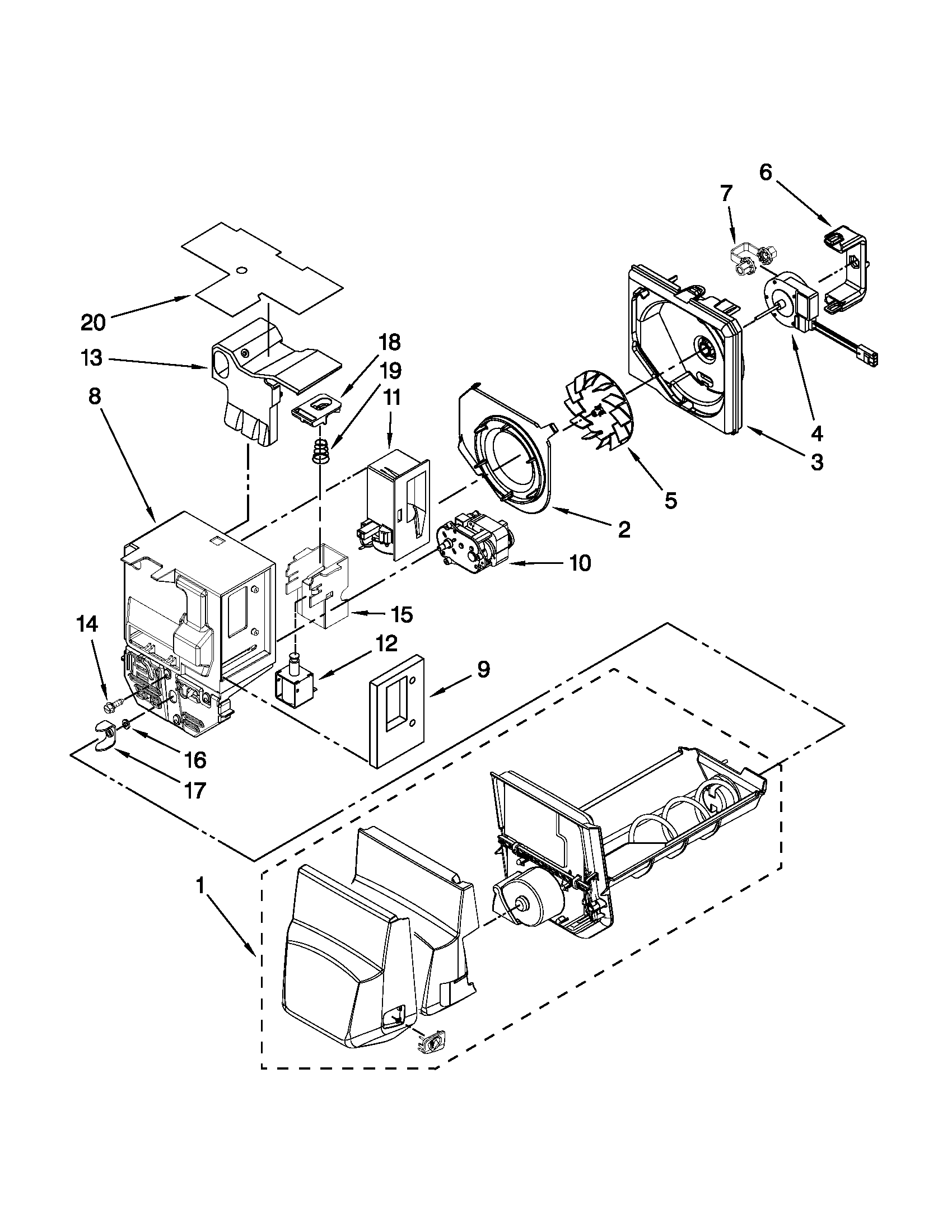 Whirlpool GI5FVAXVQ01 motor and ice container parts diagram
