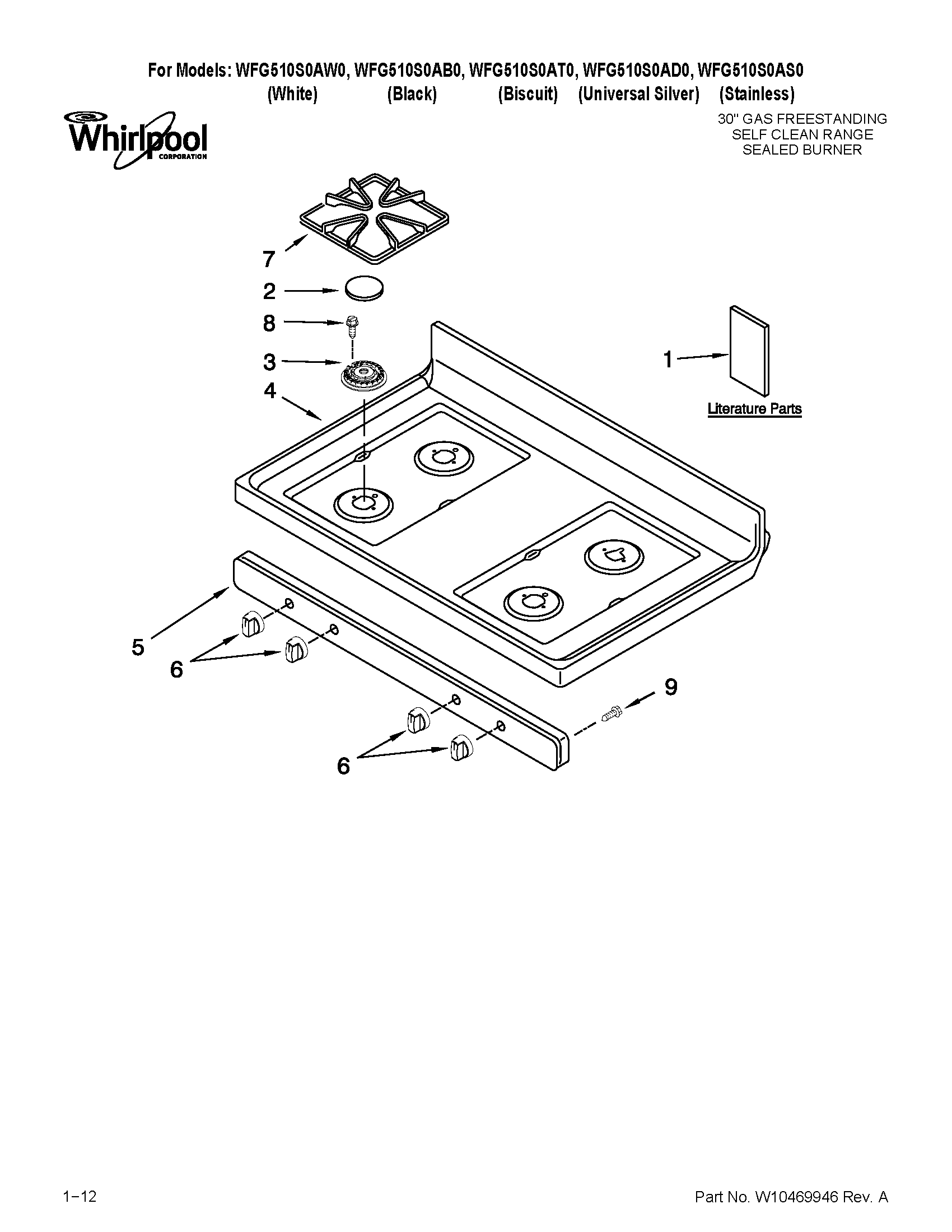 Whirlpool WFG510S0AB0 cooktop parts diagram