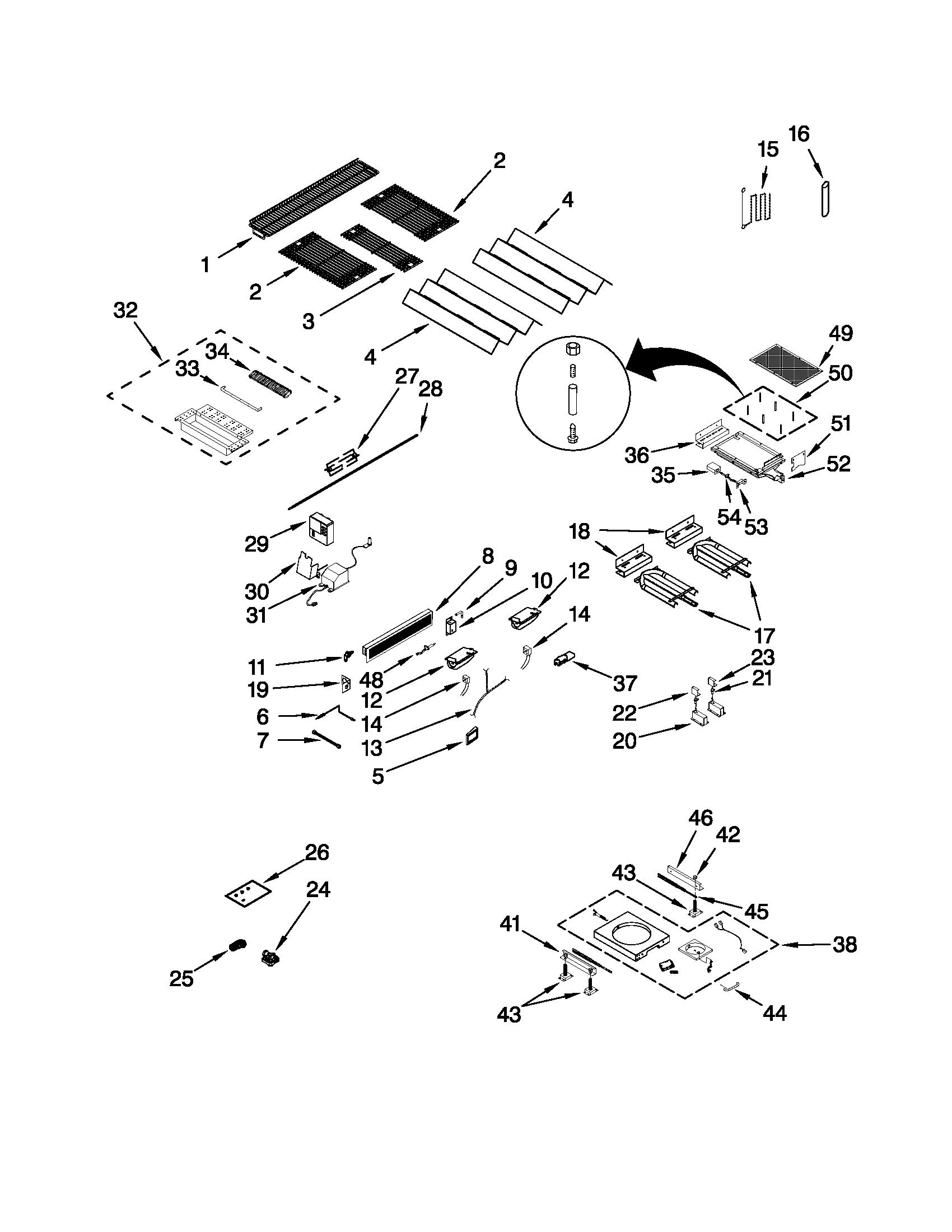 KitchenAid KBNU367VSS00 burners, grates, and lights parts diagram