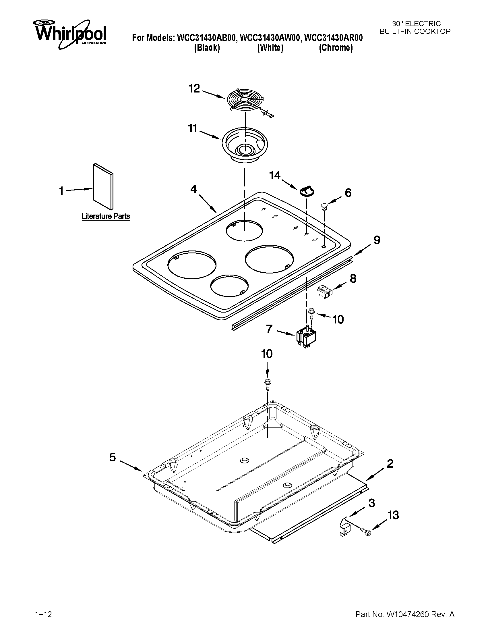 Whirlpool WCC31430AR00 cooktop parts diagram