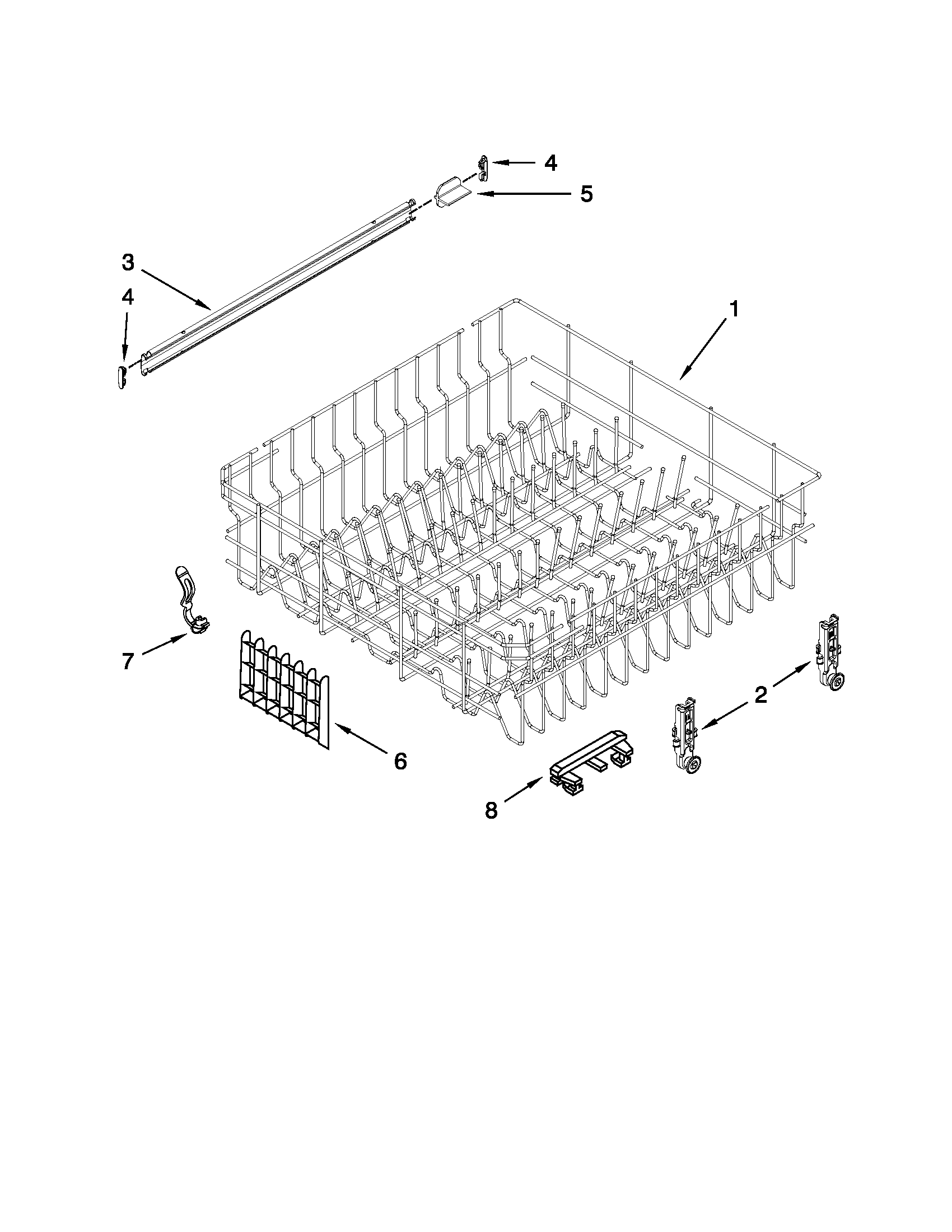 Whirlpool 7WDF530PAYM2 upper rack and track parts diagram