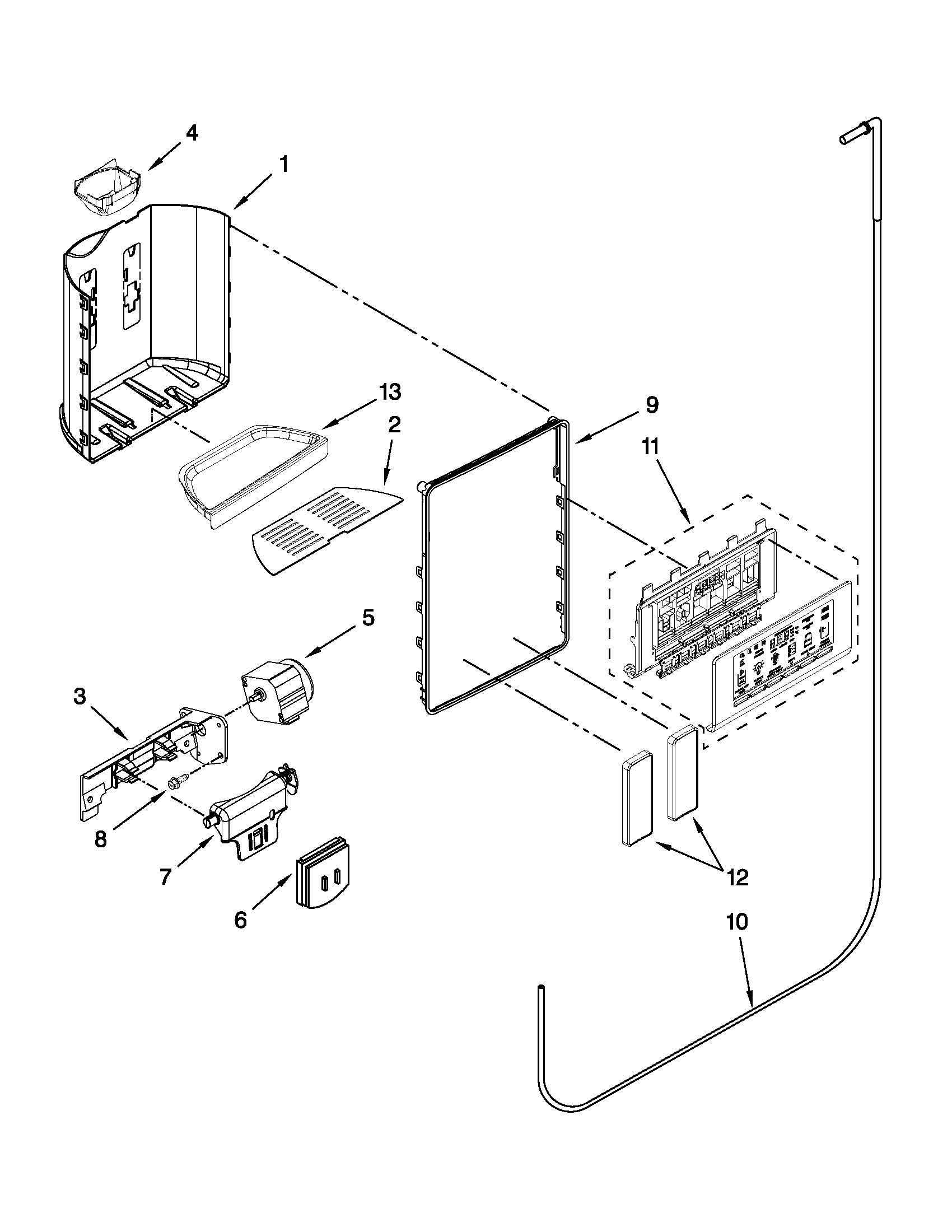 Whirlpool 3WSC19D4XY01 dispenser front parts diagram