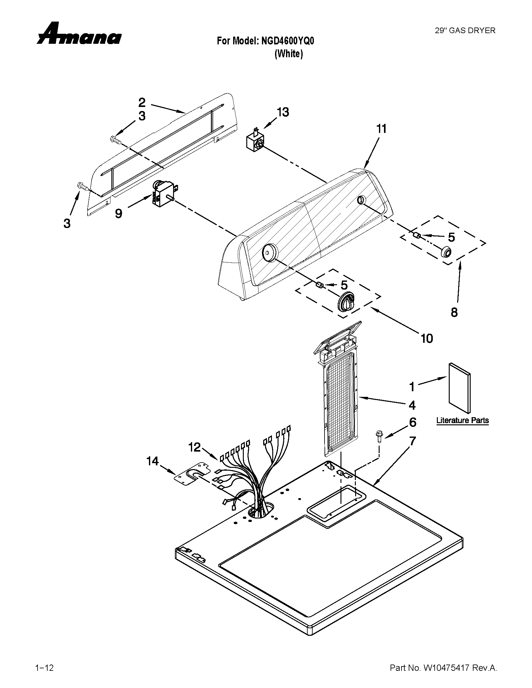 Amana NGD4600YQ0 top and console parts diagram