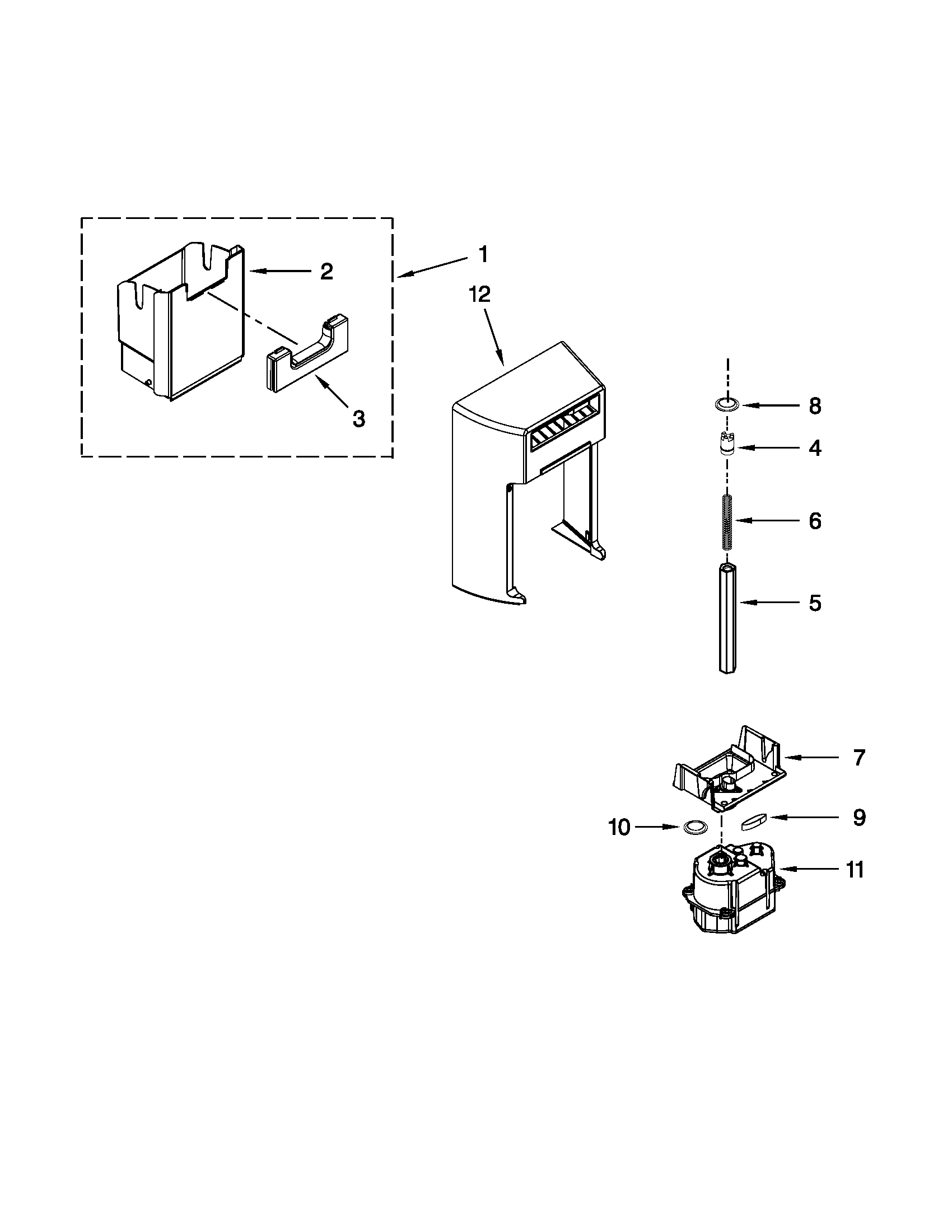 Whirlpool GSS26C4XXY02 motor and ice container parts diagram