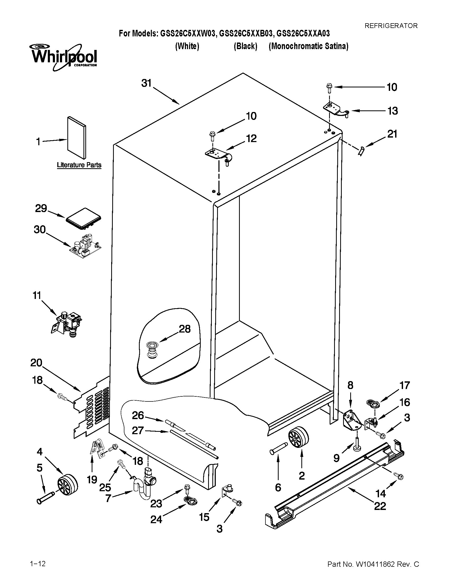 Whirlpool GSS26C5XXW03 cabinet parts diagram