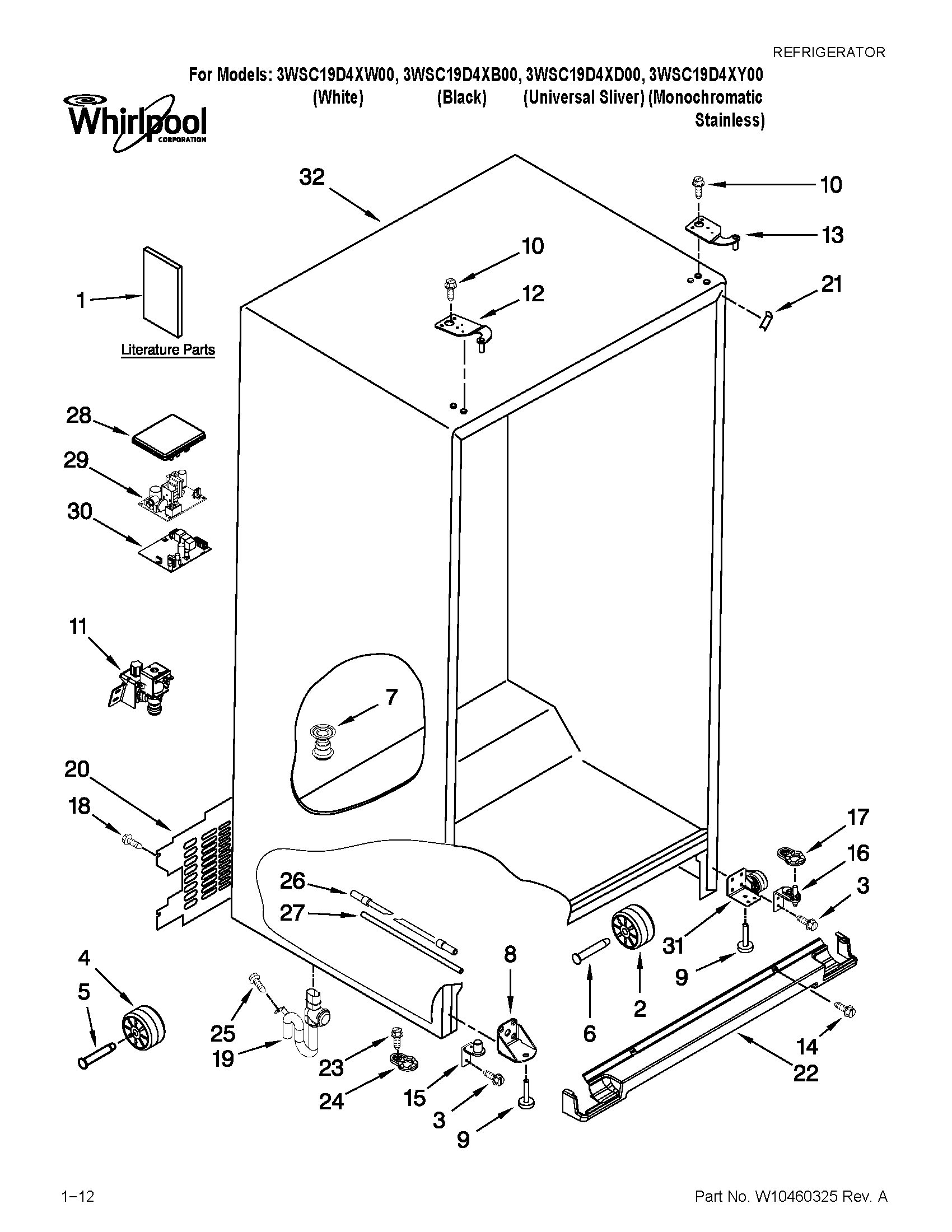 Whirlpool 3WSC19D4XW00 cabinet parts diagram