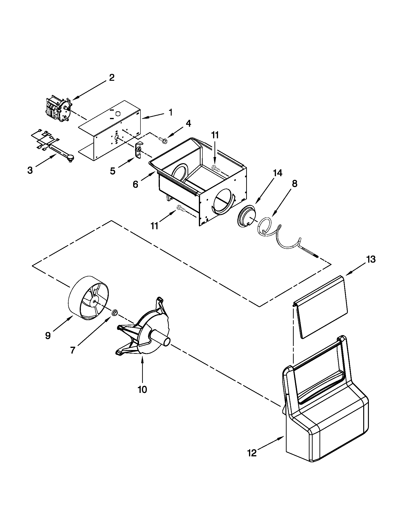 Whirlpool 3WSC19D4XW00 motor and ice container parts diagram