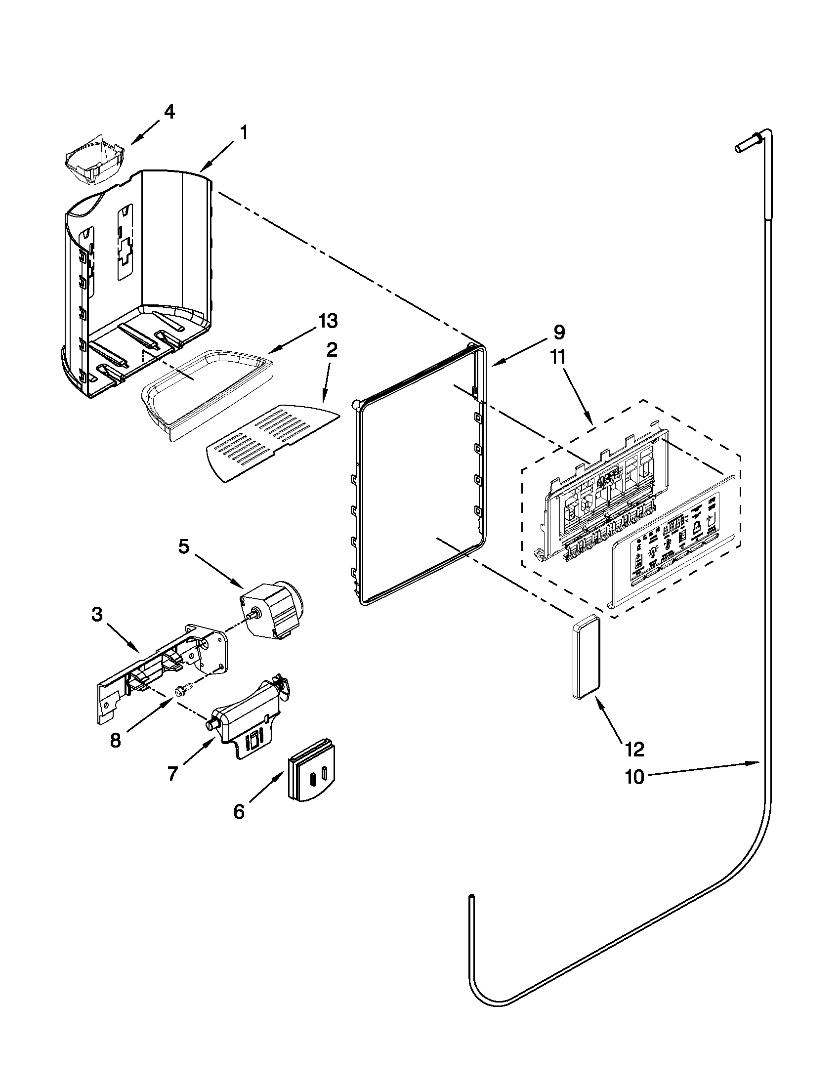 Whirlpool 3WSC19D4XW00 dispenser front parts diagram