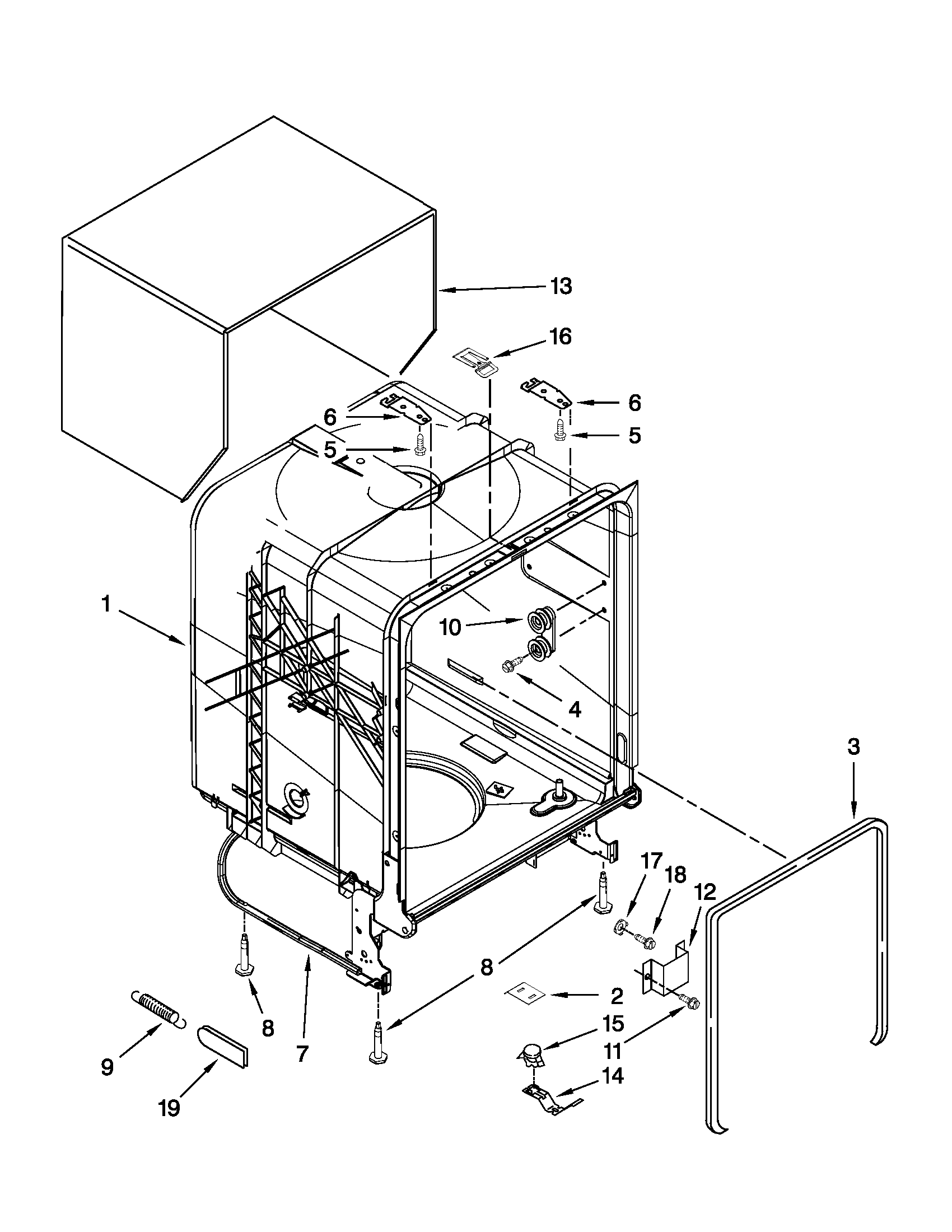 Whirlpool WDF310PAAS0 tub and frame parts diagram