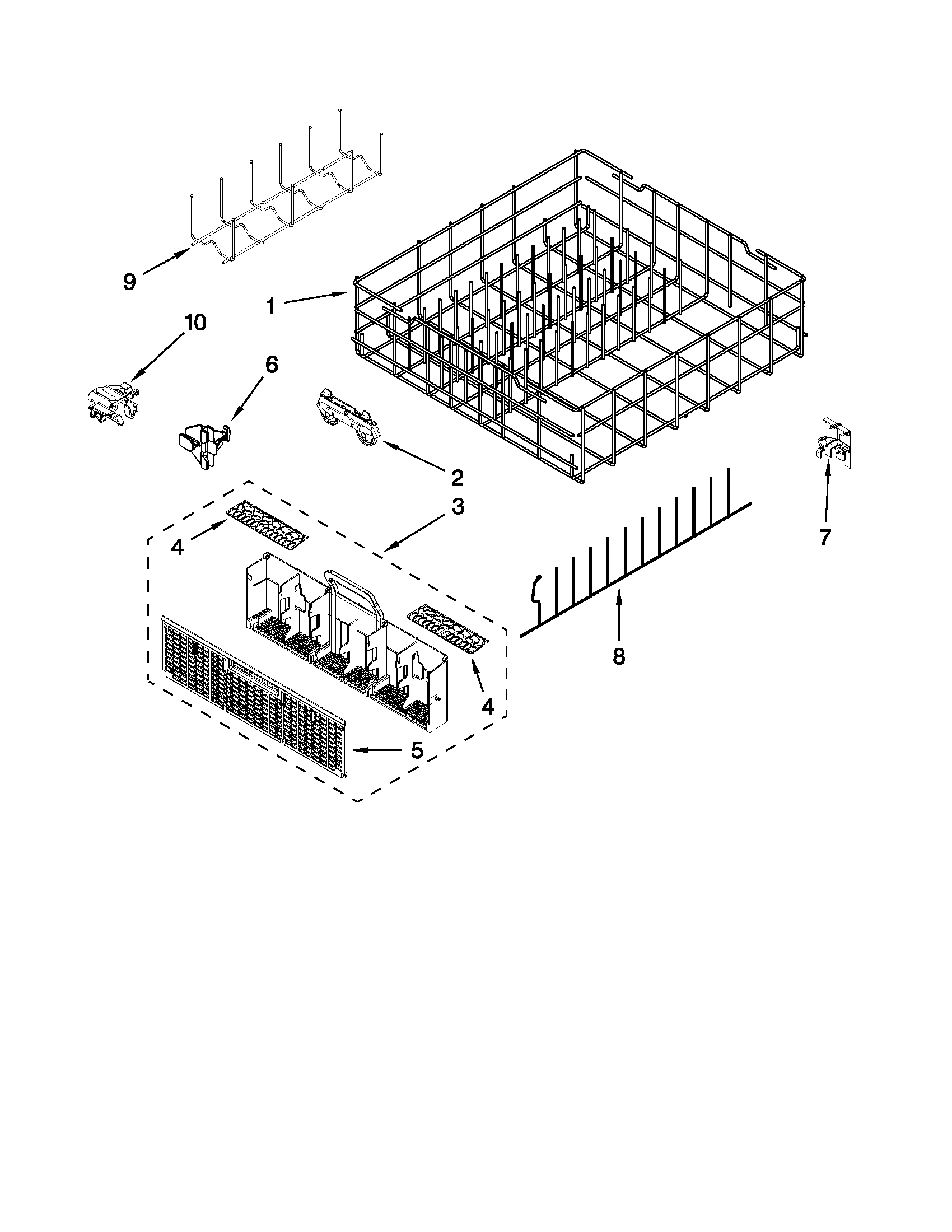 Whirlpool 7WDT770PAYW2 lower rack parts diagram