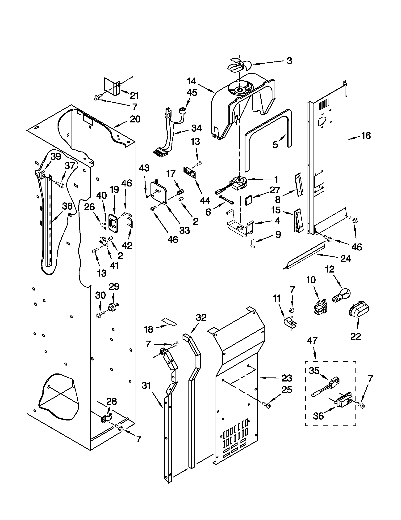 KitchenAid KSSC48QVS03 freezer liner and air flow parts diagram