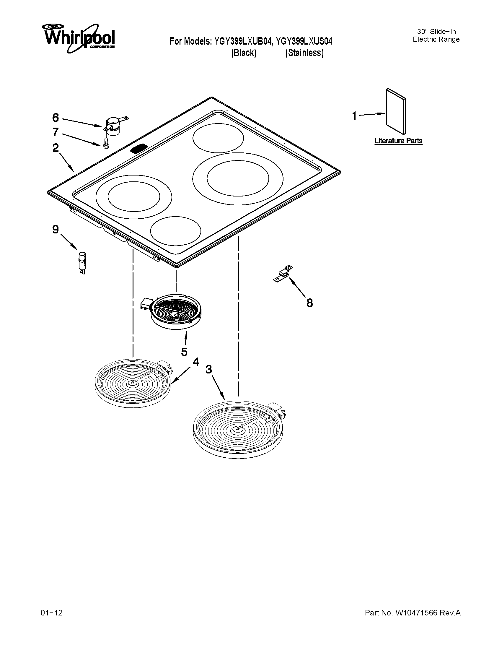 Whirlpool YGY399LXUS04 cooktop parts diagram