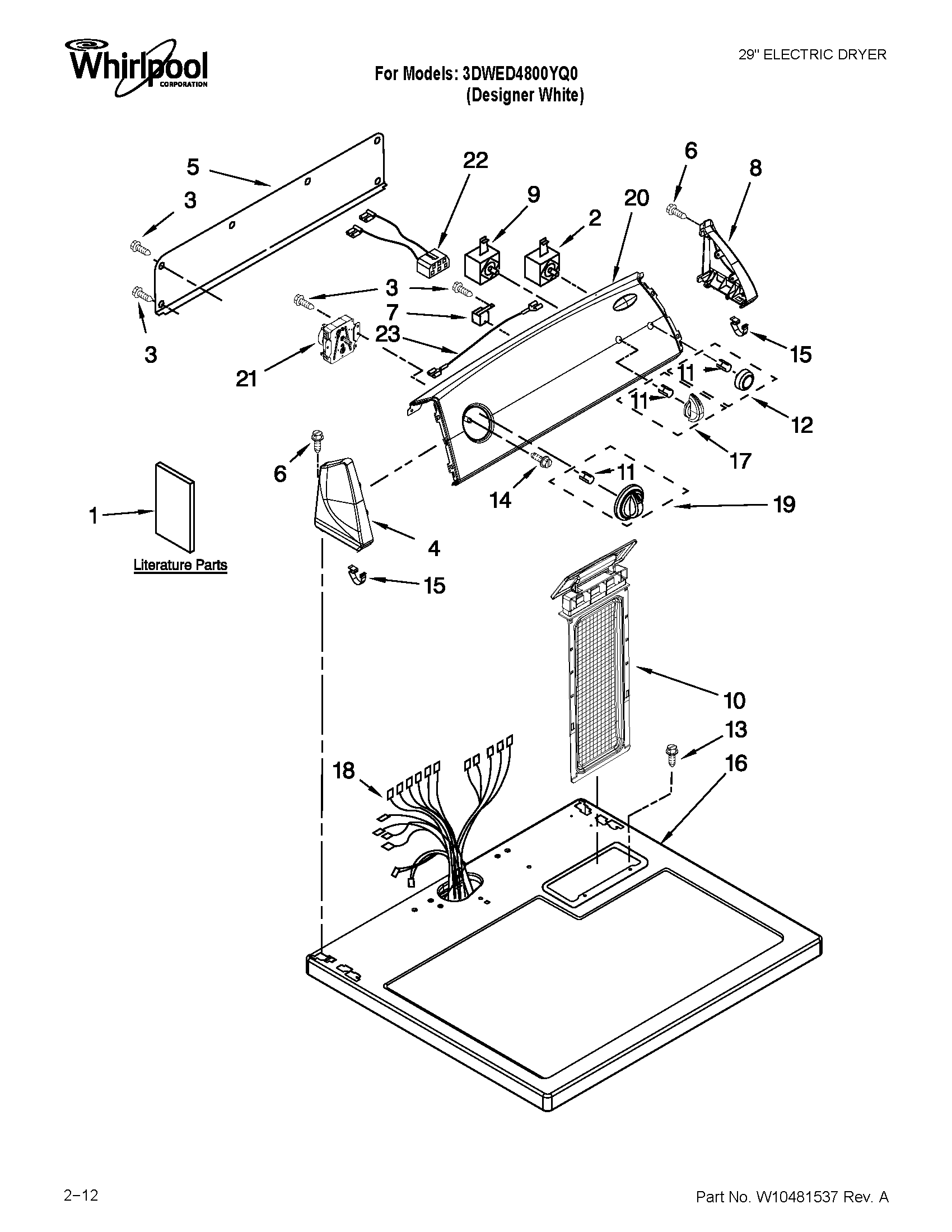 Whirlpool 3DWED4800YQ0 top and console parts diagram