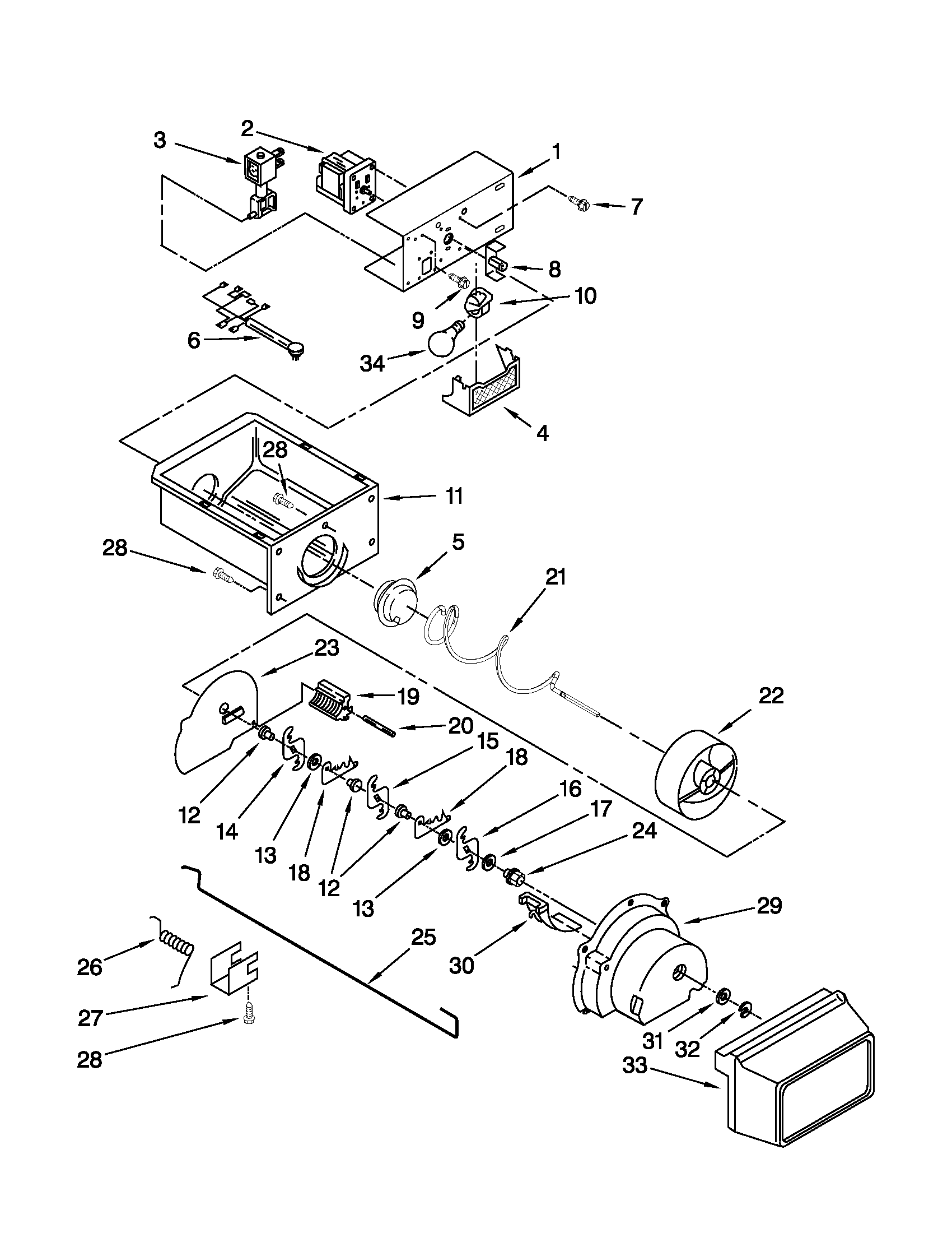 Whirlpool ED5CHQXVB03 motor and ice container parts diagram