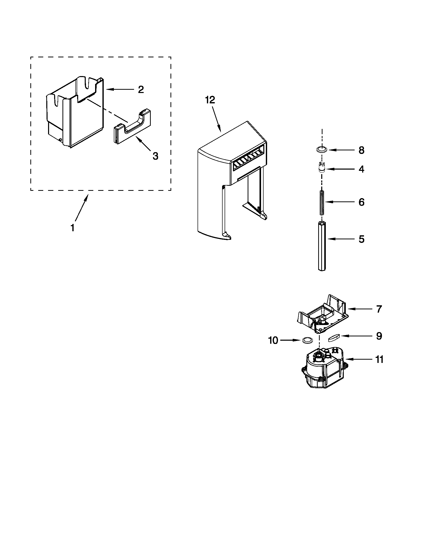 Whirlpool 6WSC20C6YB00 motor and ice container parts diagram