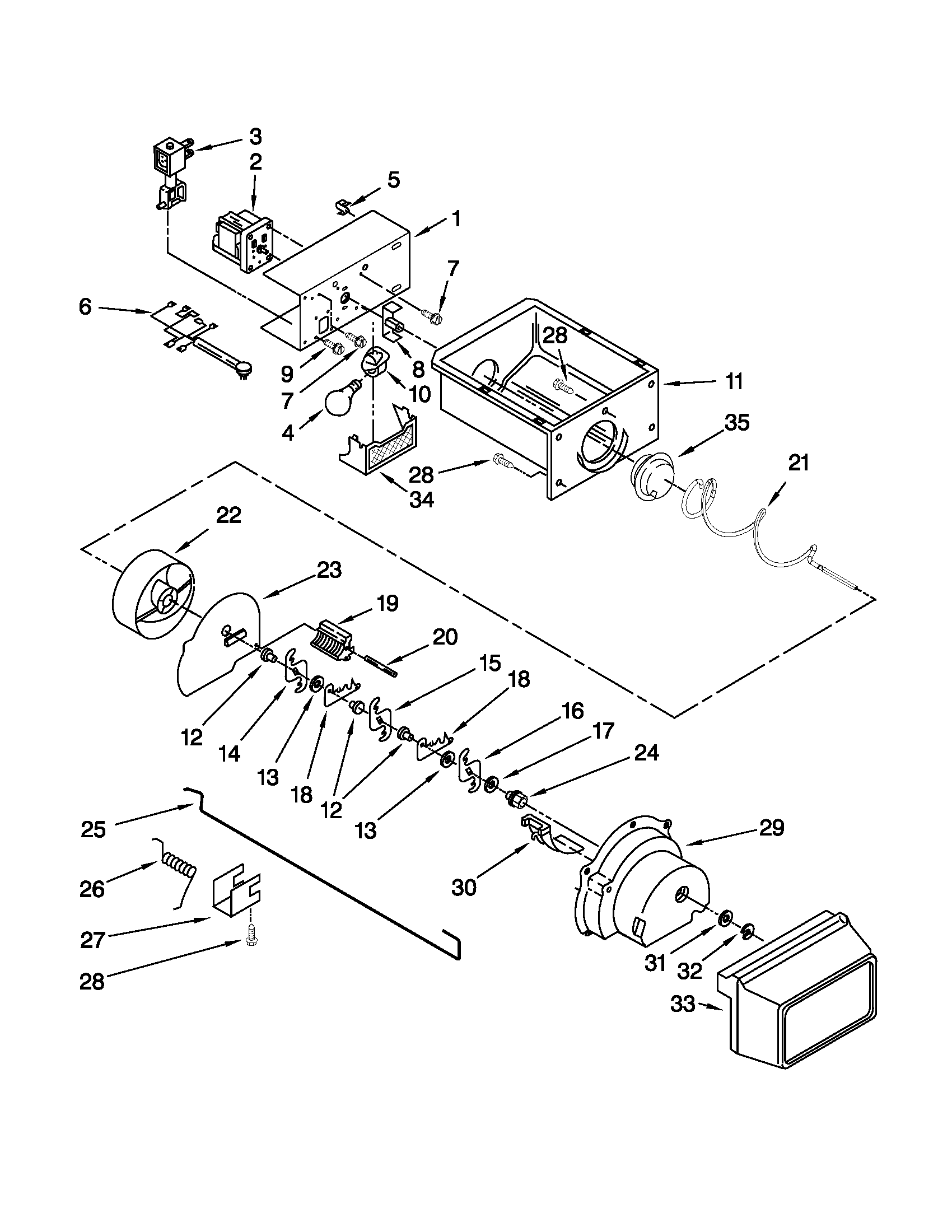 Whirlpool ED5PVEXWS08 motor and ice container parts diagram