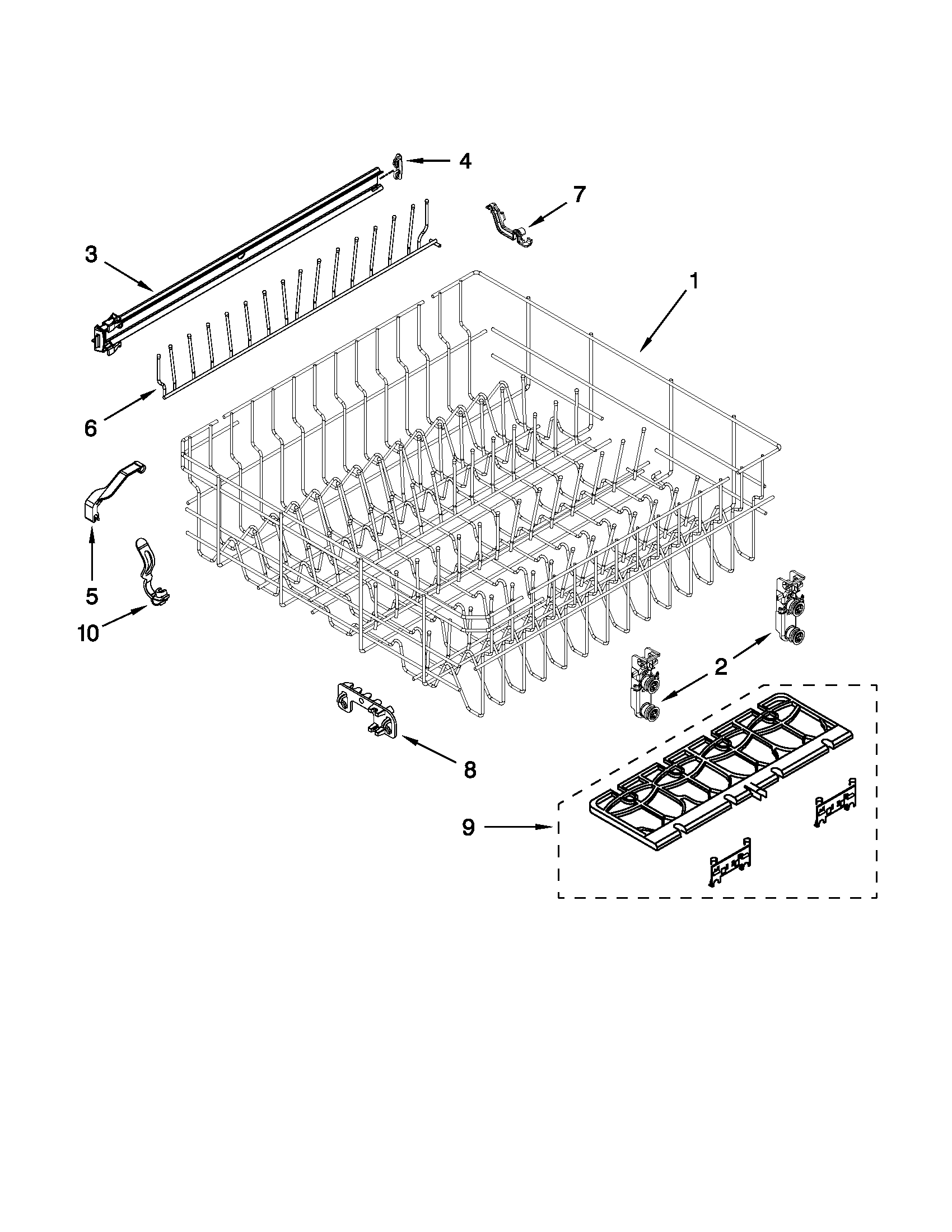 Whirlpool WDT710PAYB2 upper rack and track parts diagram