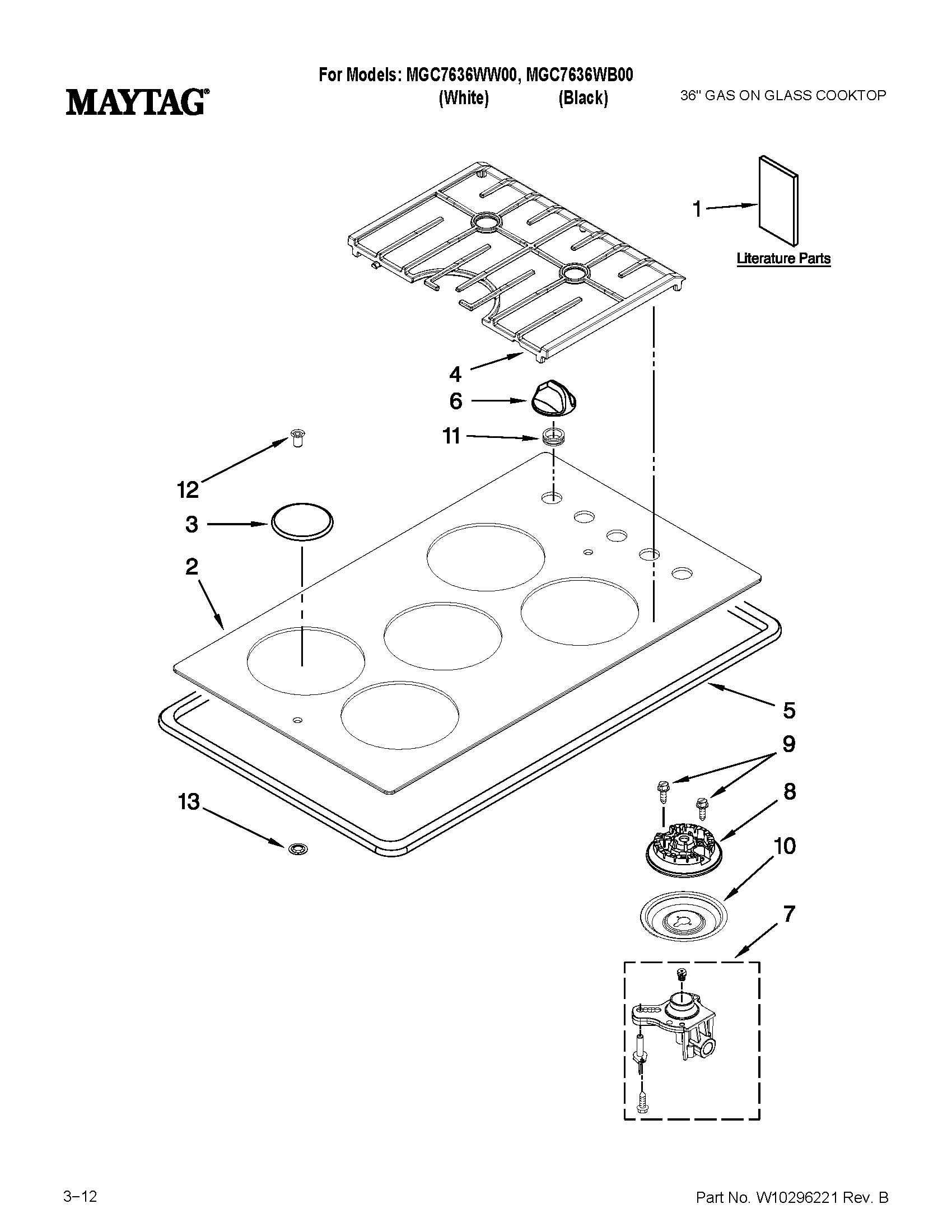 Maytag MGC7636WB00 cooktop, burner and grate parts diagram