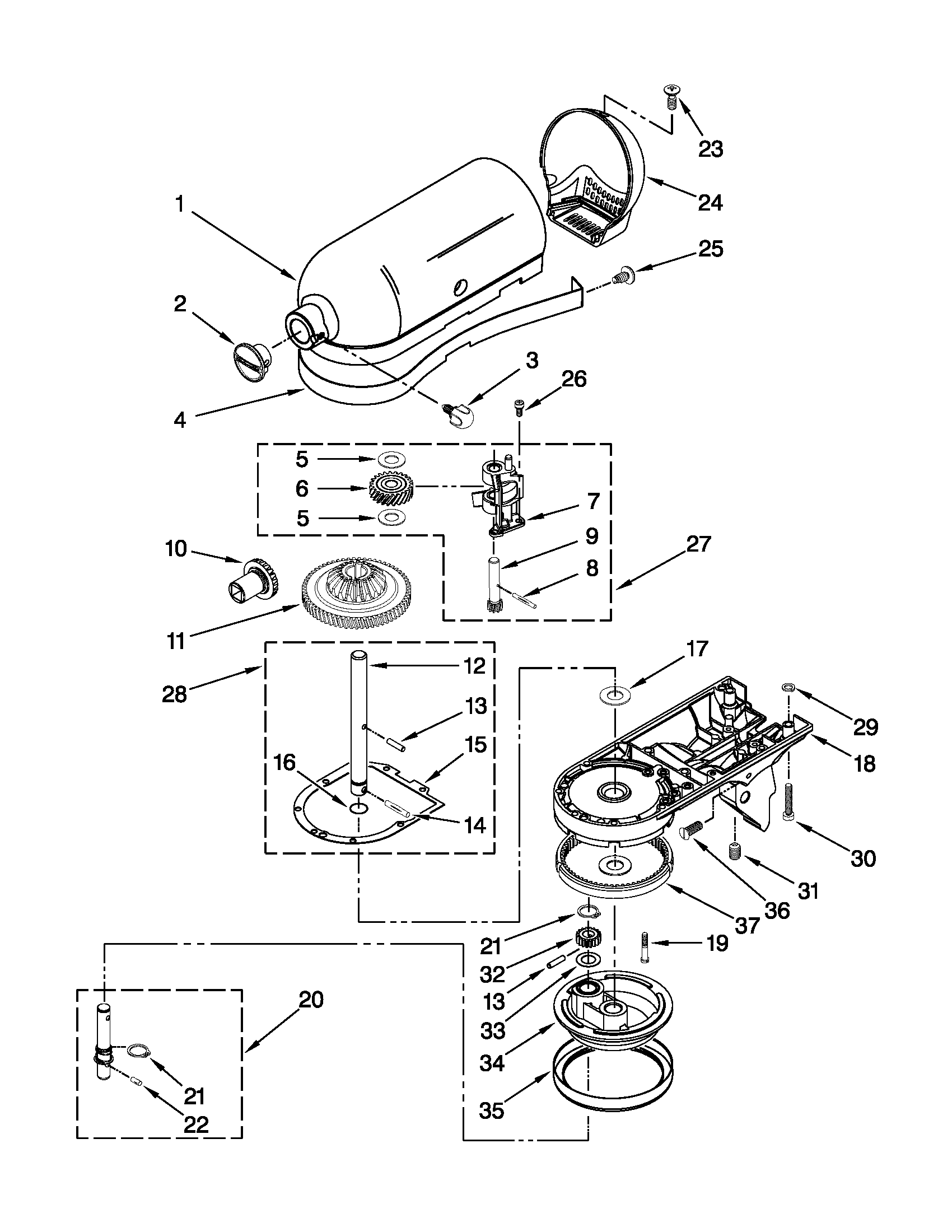 KitchenAid KSM154GBQWH0 case, gearing and planetary unit diagram