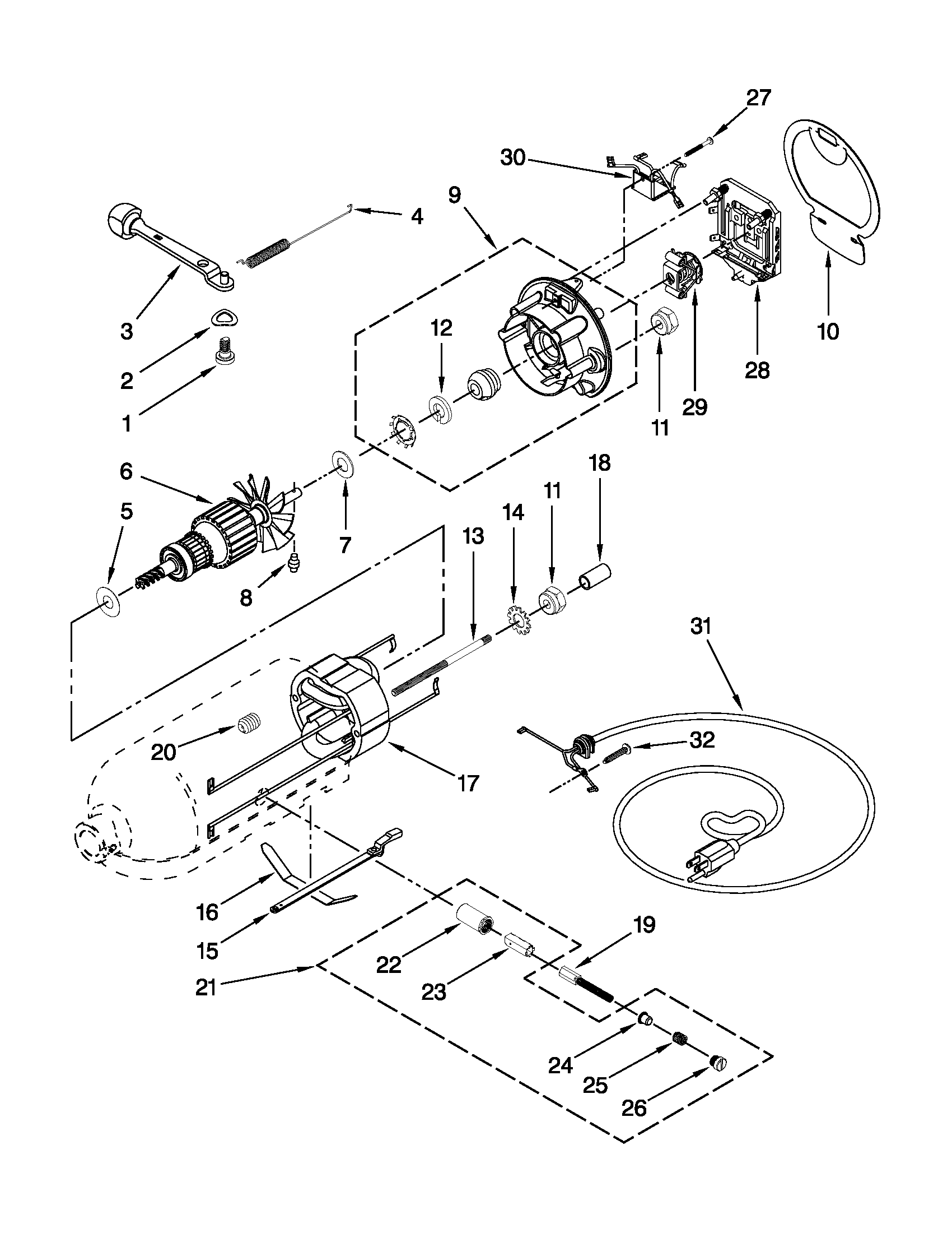 KitchenAid KSM154GBQWH0 motor and control parts diagram
