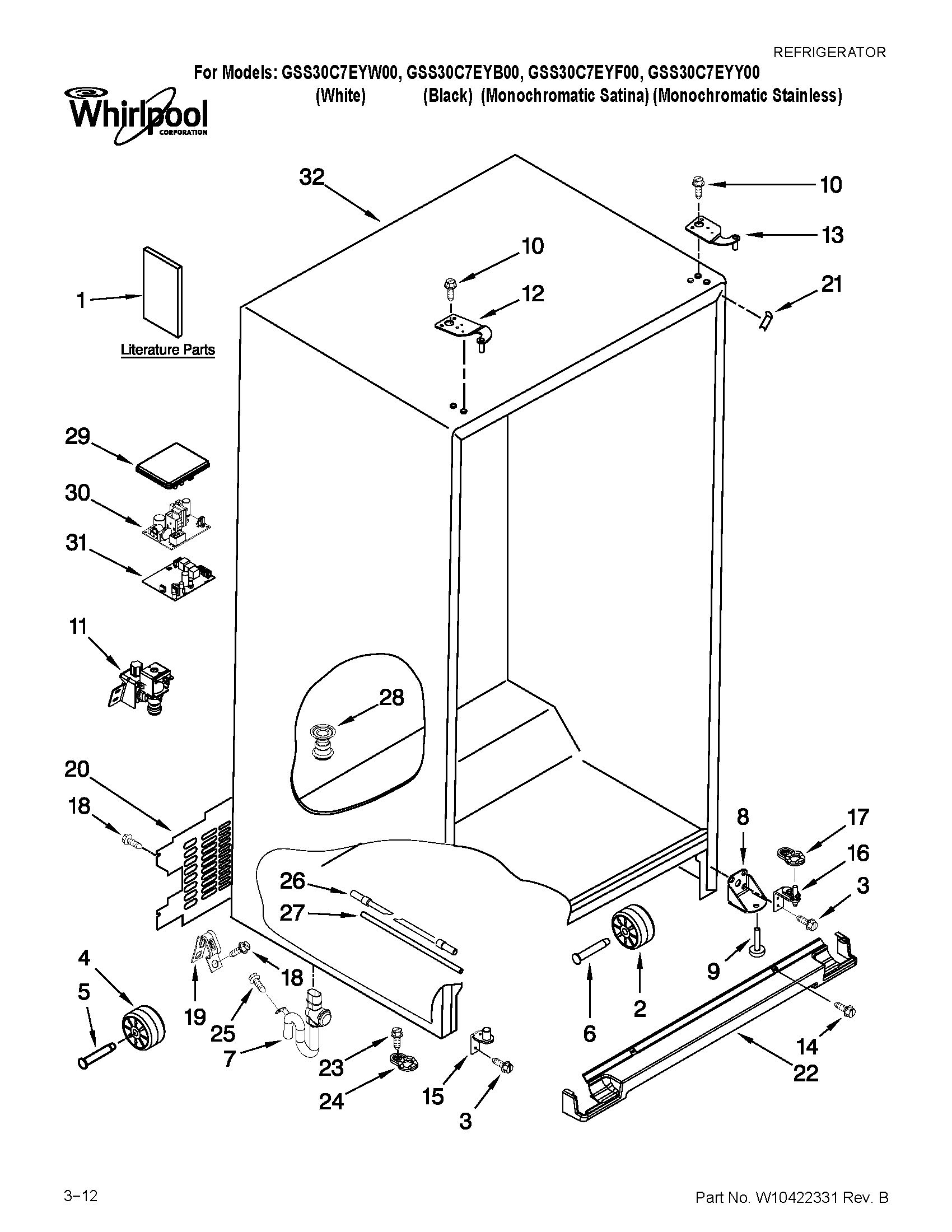 Whirlpool GSS30C7EYW00 cabinet parts diagram
