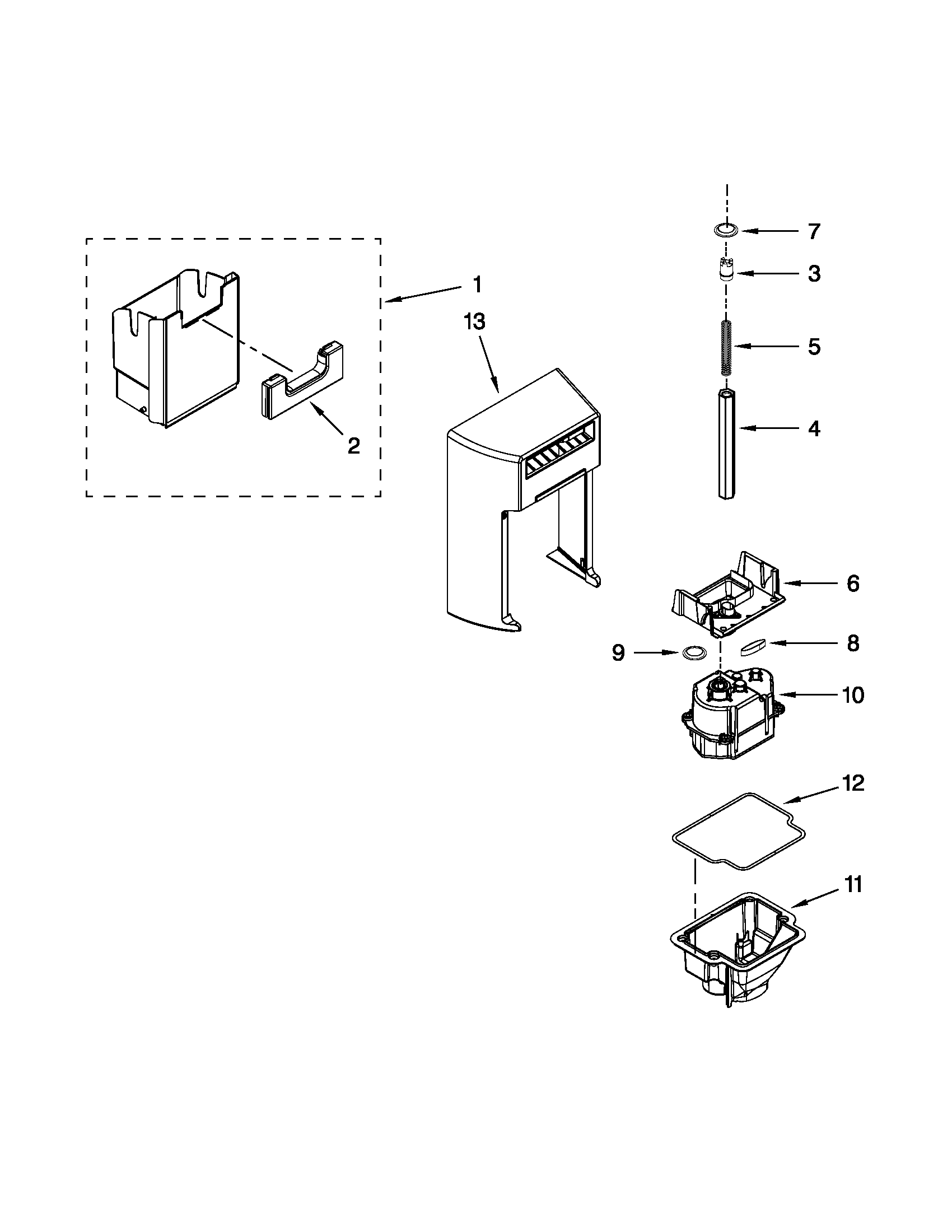 Whirlpool GSS30C7EYW00 motor and ice container parts diagram