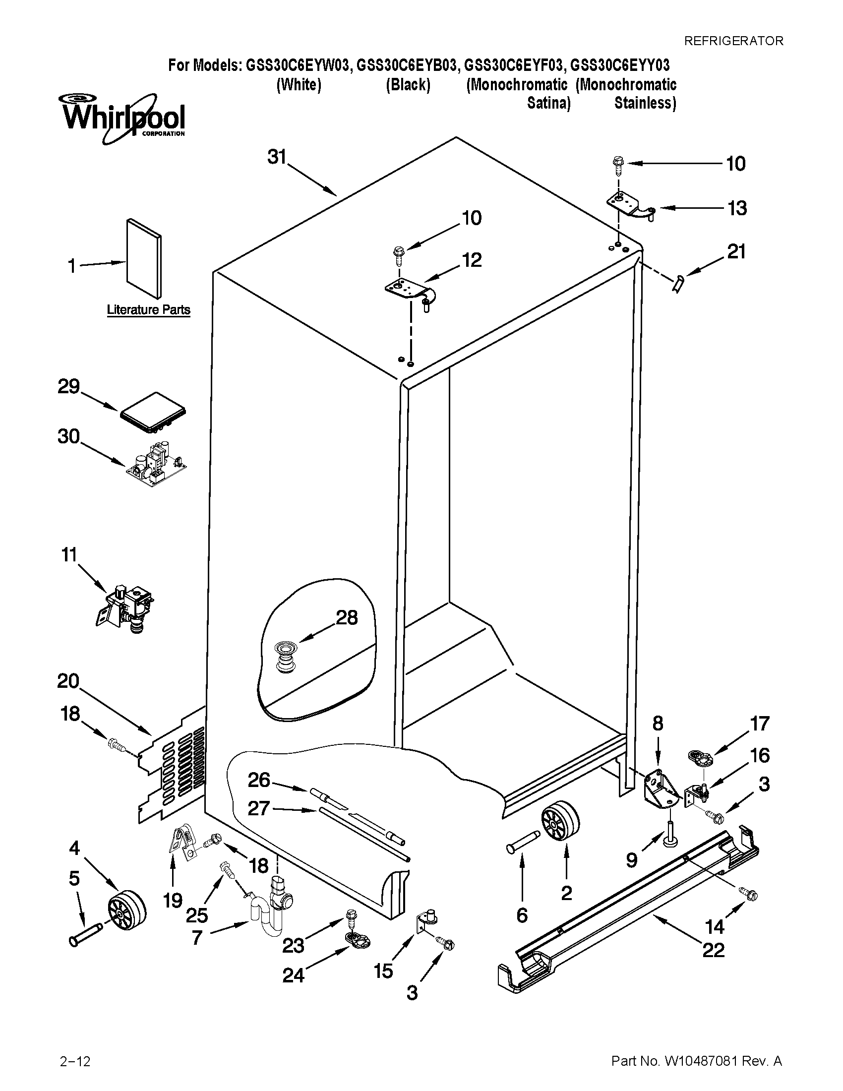 Whirlpool GSS30C6EYW03 cabinet parts diagram