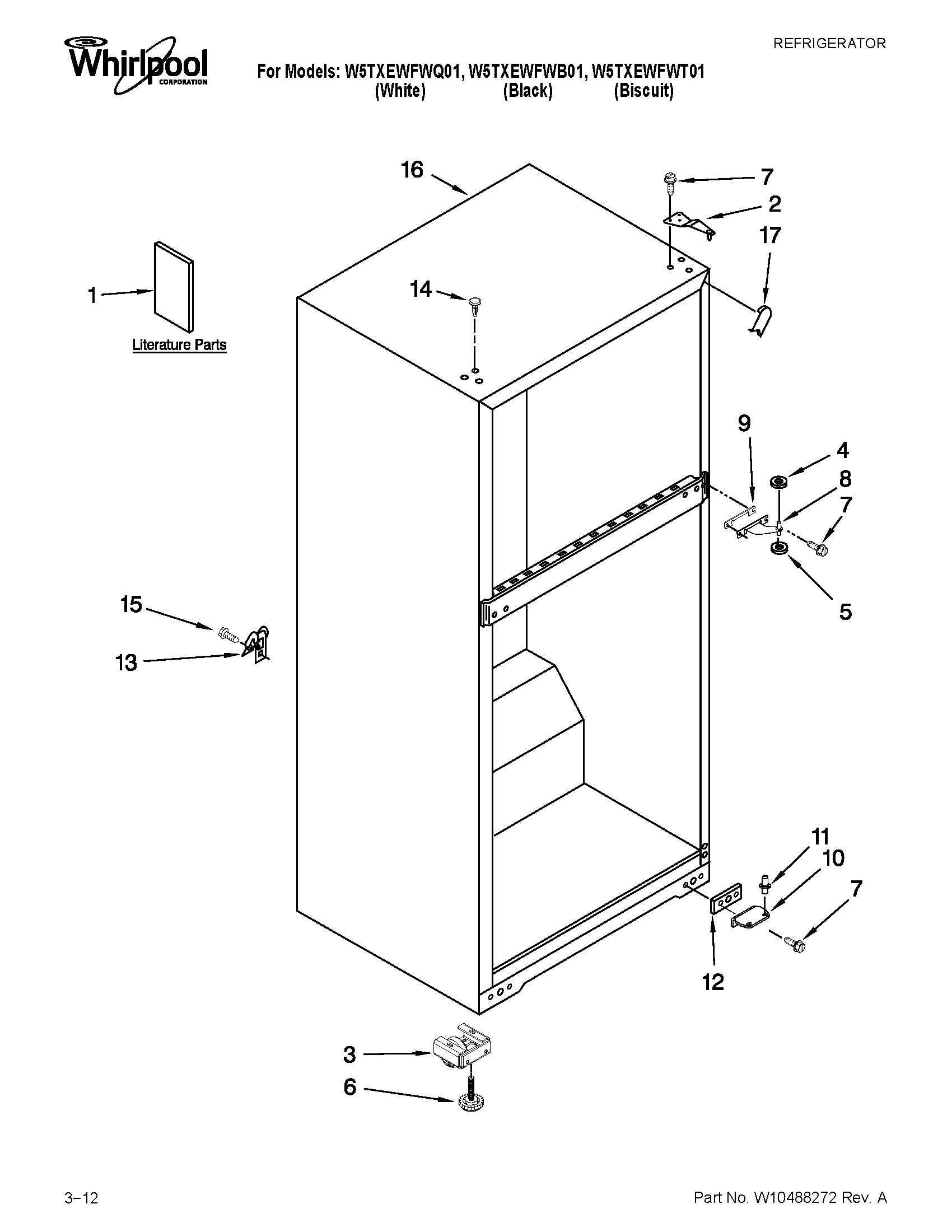 Whirlpool W5TXEWFWB01 cabinet parts diagram