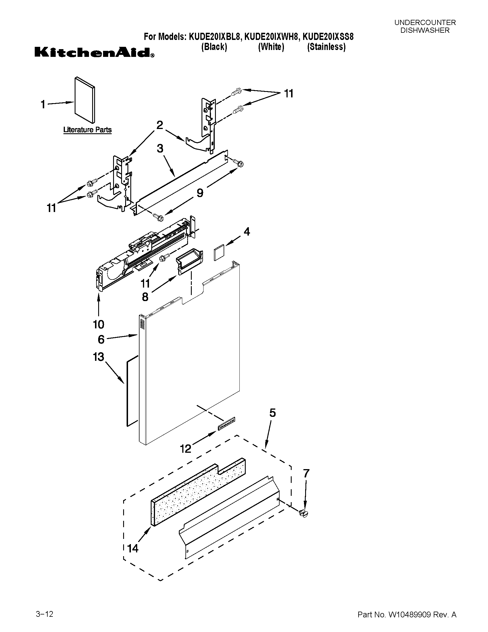 KitchenAid KUDE20IXBL8 door and panel parts diagram